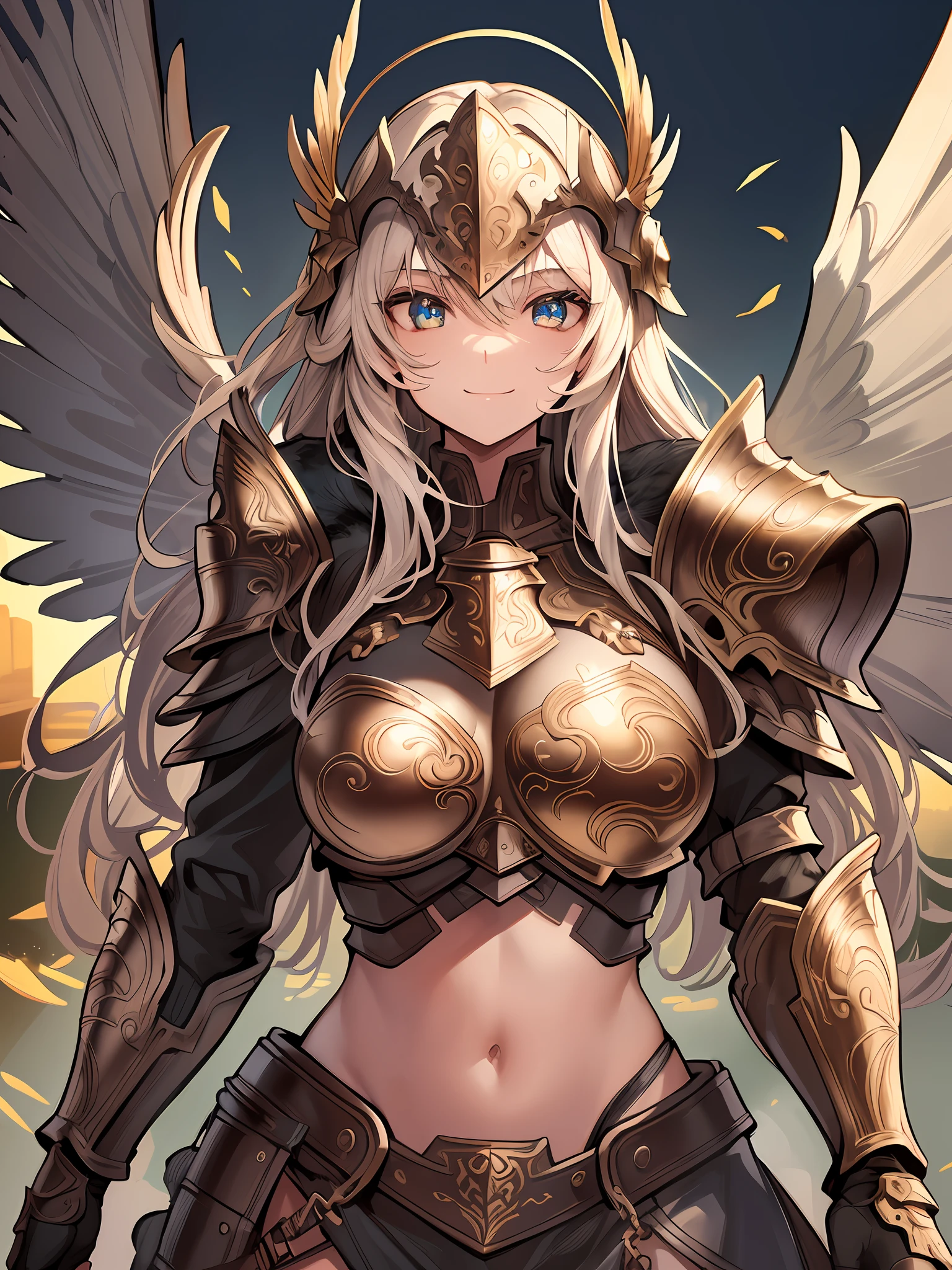 (best quality, ultra-detailed, best illustration, best shadow, masterpiece, high res, professional art, famous art), (1girl, solo), wearing walkure, (armor: 1.3), helmet, chainmail armor, wings, hair ornaments, one eye covered, smile, looking at the viewer, 1:1