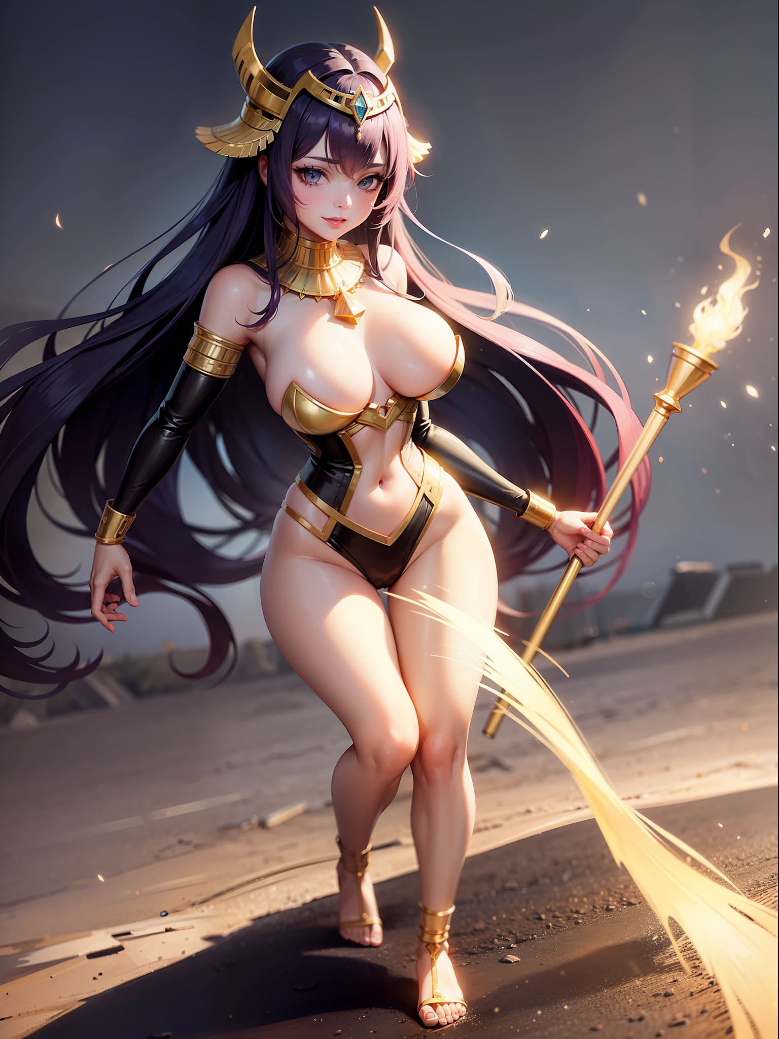 ((Full body photo,standing, feet on the ground)), Saria has large breasts, helmet on her head, black color with golden parts/futuristic Egyptian costume, Egyptian necklace on her neck, extremely tight on her body, (in an ancient Egyptian city it is raining and is thundering), she has short purple hair, blue eyes, is with her hands closed, holding a scepter of pure gold, landing for the viewer, extremely exhibitionist, is looking at the viewer, manic smile, face with red cheek, hair and clothing all wet, semi transparent clothing, light makeup on the face, Futurism, 16k, UHD, retina, masterpiece, ccurate, anatomically correct, best quality, high quality, textured skin