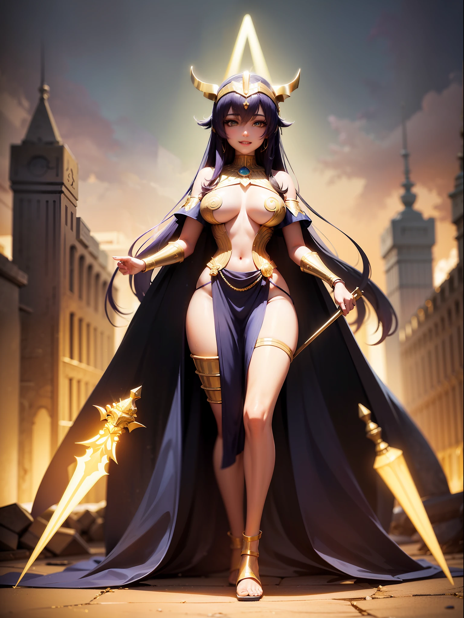 ((Full body photo,standing, feet on the ground)), Saria has large breasts, helmet on her head, black color with golden parts/futuristic Egyptian costume, Egyptian necklace on her neck, extremely tight on her body, (in an ancient Egyptian city it is raining and is thundering), she has short purple hair, blue eyes, is with her hands closed, holding a scepter of pure gold, landing for the viewer, extremely exhibitionist, is looking at the viewer, manic smile, face with red cheek, hair and clothing all wet, semi transparent clothing, light makeup on the face, Futurism, 16k, UHD, retina, masterpiece, ccurate, anatomically correct, best quality, high quality, textured skin