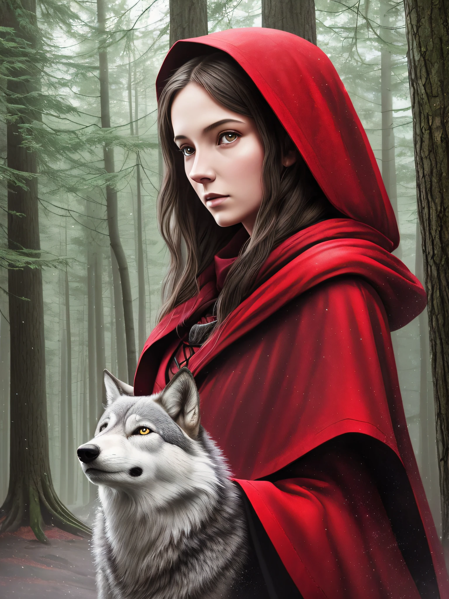 The Girl in the Red Cloak with the Wolf in the Dark Forest detailed digital painting, a photorealistic painting, art photography