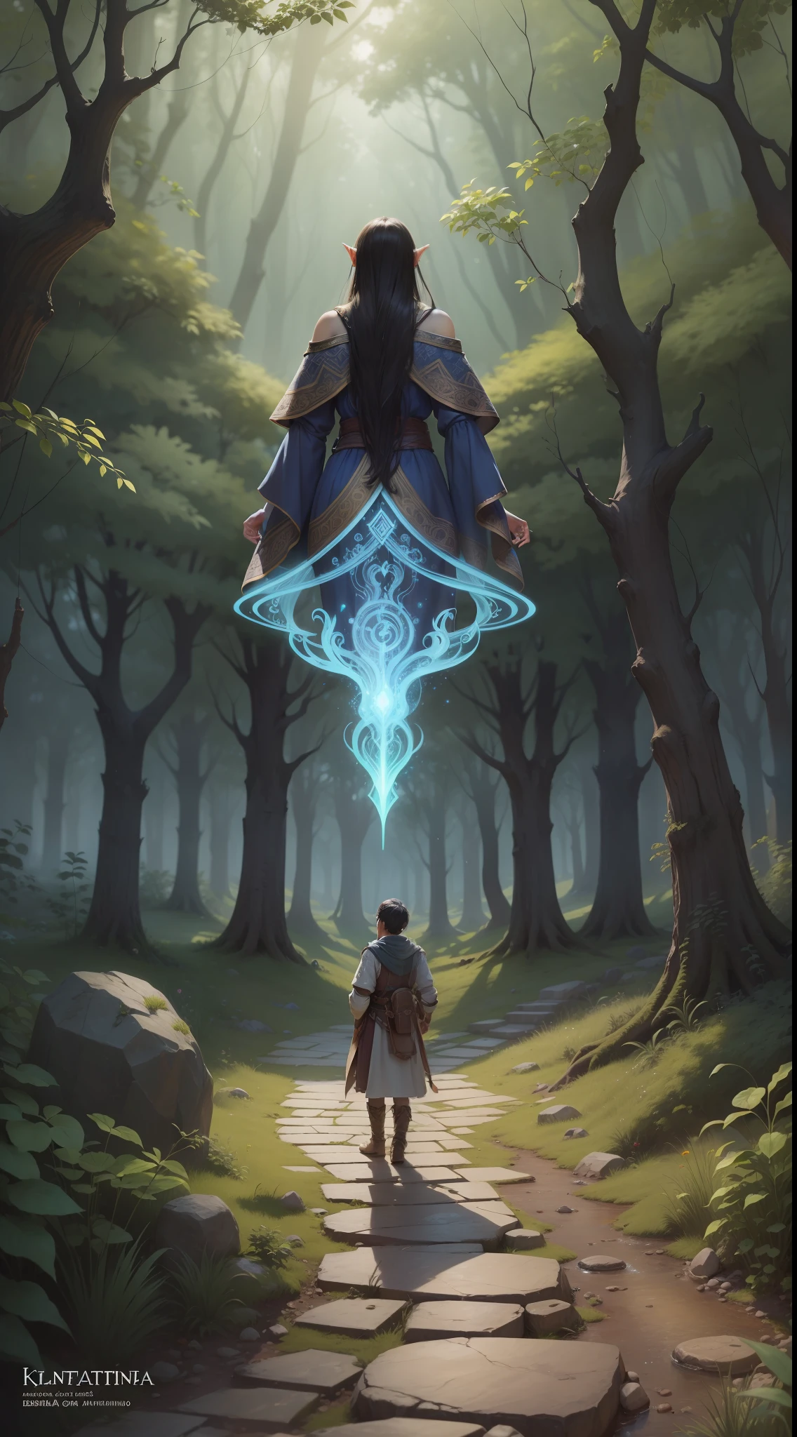 Kentarion, the young orphan endowed with mysterious abilities, black hair, amber eyes, is in the middle of the forest of Azurana, observing the nature around him. He is surrounded by wise elves and ancestral trees, and seems to be absorbing the wisdom and secrets the forest has to offer. In the background, a faint magical glow is present, revealing the presence of magic and incantations in that place. In the scene, other races that inhabit Varnathia may also appear, such as dwarves, half-elves, desert nomads and humans, each in their own characteristic region. The illustration should convey the sense of mystery, fascination and enchantment that permeate the magical world of Varnathia. --auto --s2