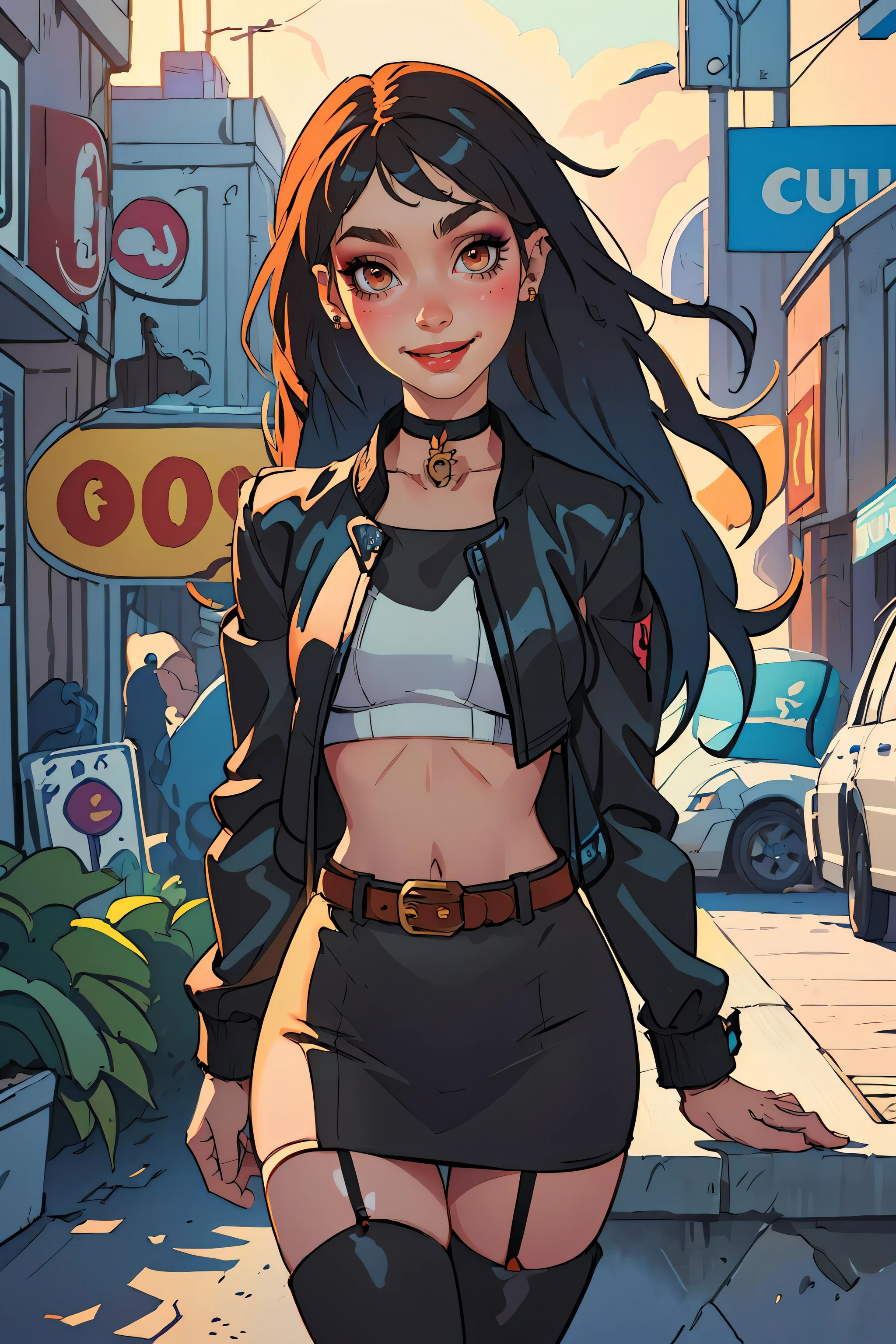 (best quality, masterpiece:1.3), 1girl, long hair, crop top, pencil skirt, standing, (makeup), smile, (muscular:0.4), (piercing), kneehighs, thigh boots, leather jacket, looking at viewer, choker, head tilt, garter straps, upper body, city