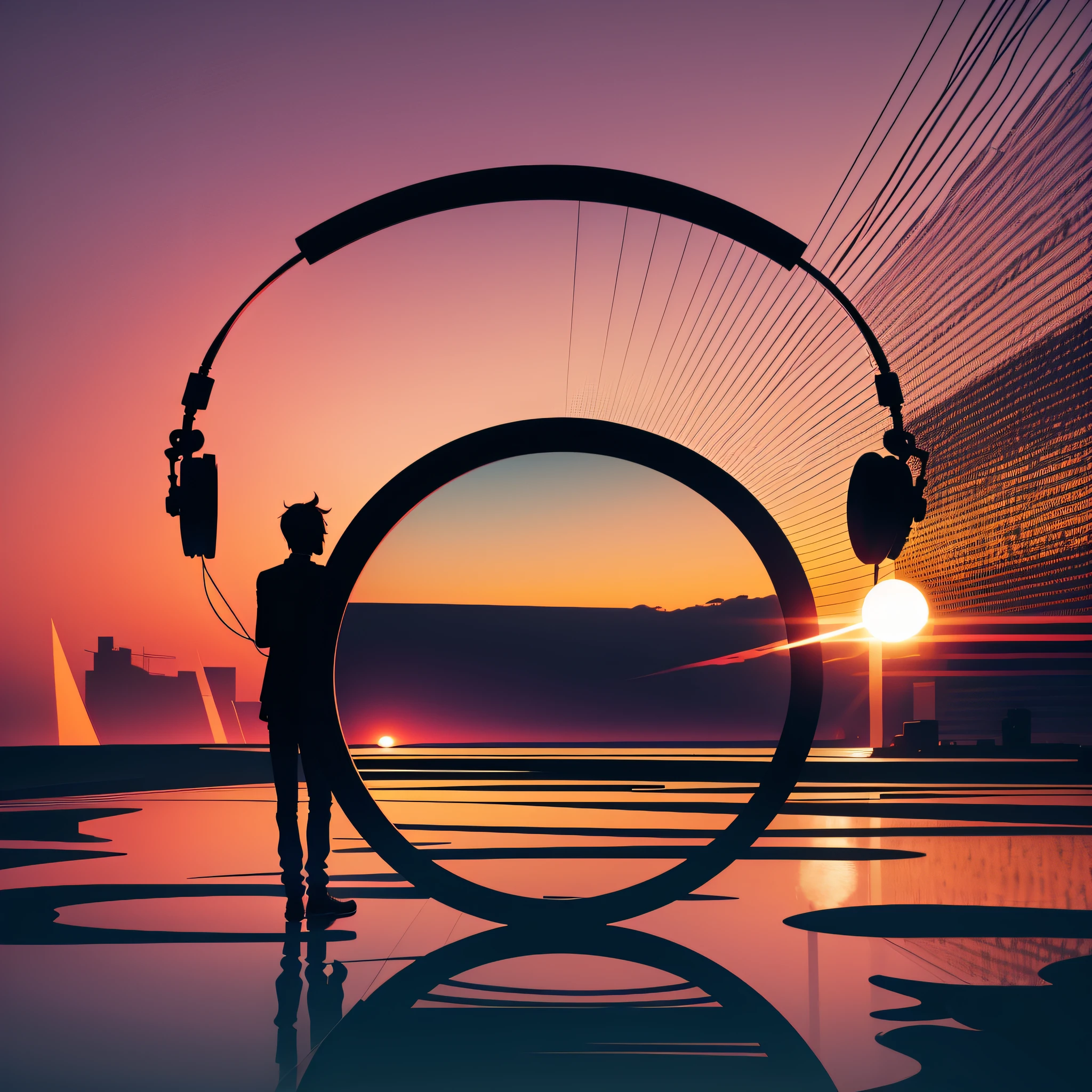 A ONE ONE DJ STANDING HEADPHONES SILHOUETTE SUNSET VECTOR --auto --s2