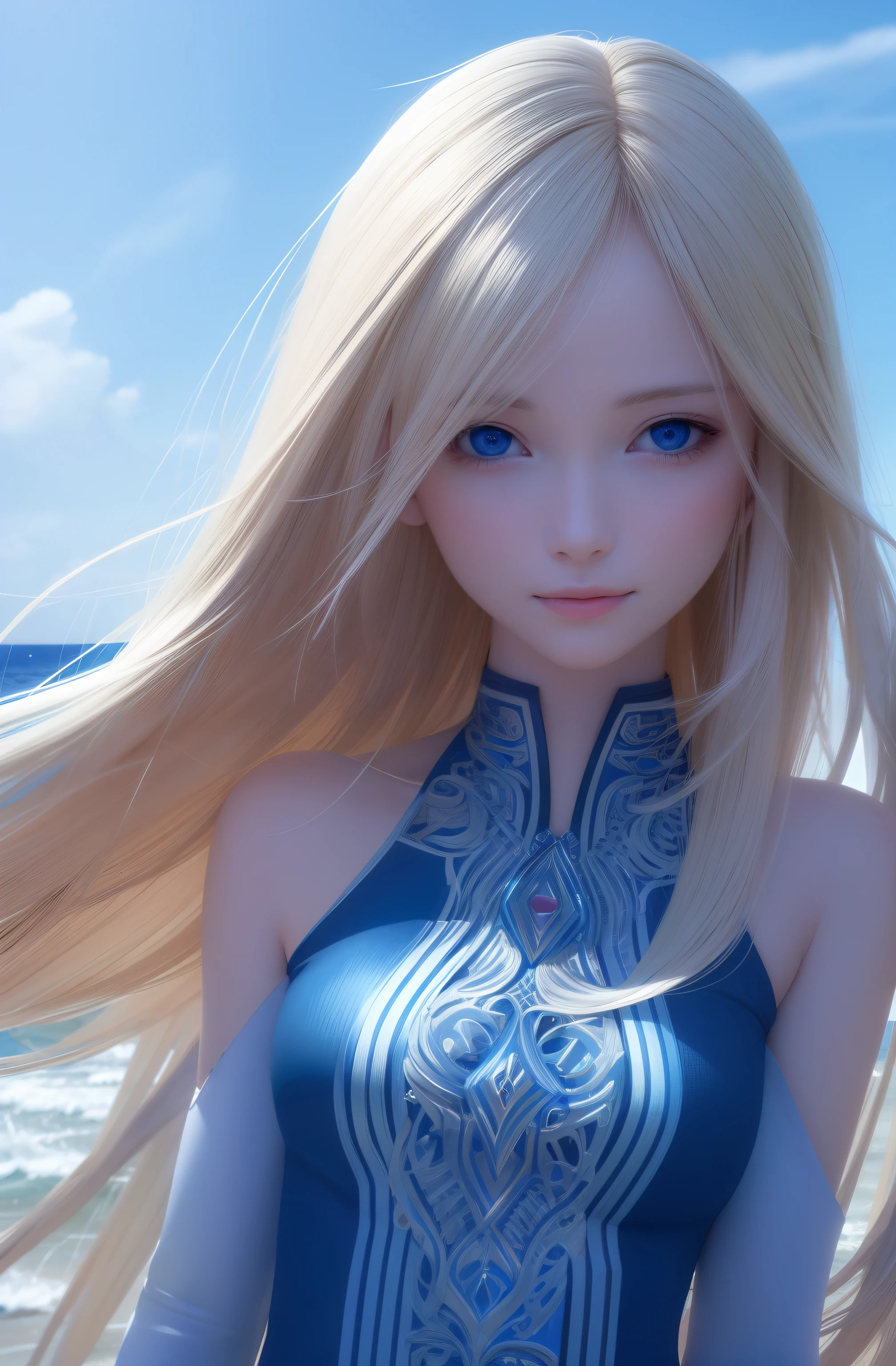 Pretty Female, Windblow blonde hair, glowing blue eyes, realistic, masterpiece, high detailed, 4K, beach background, high detailed light, little smile, white skin