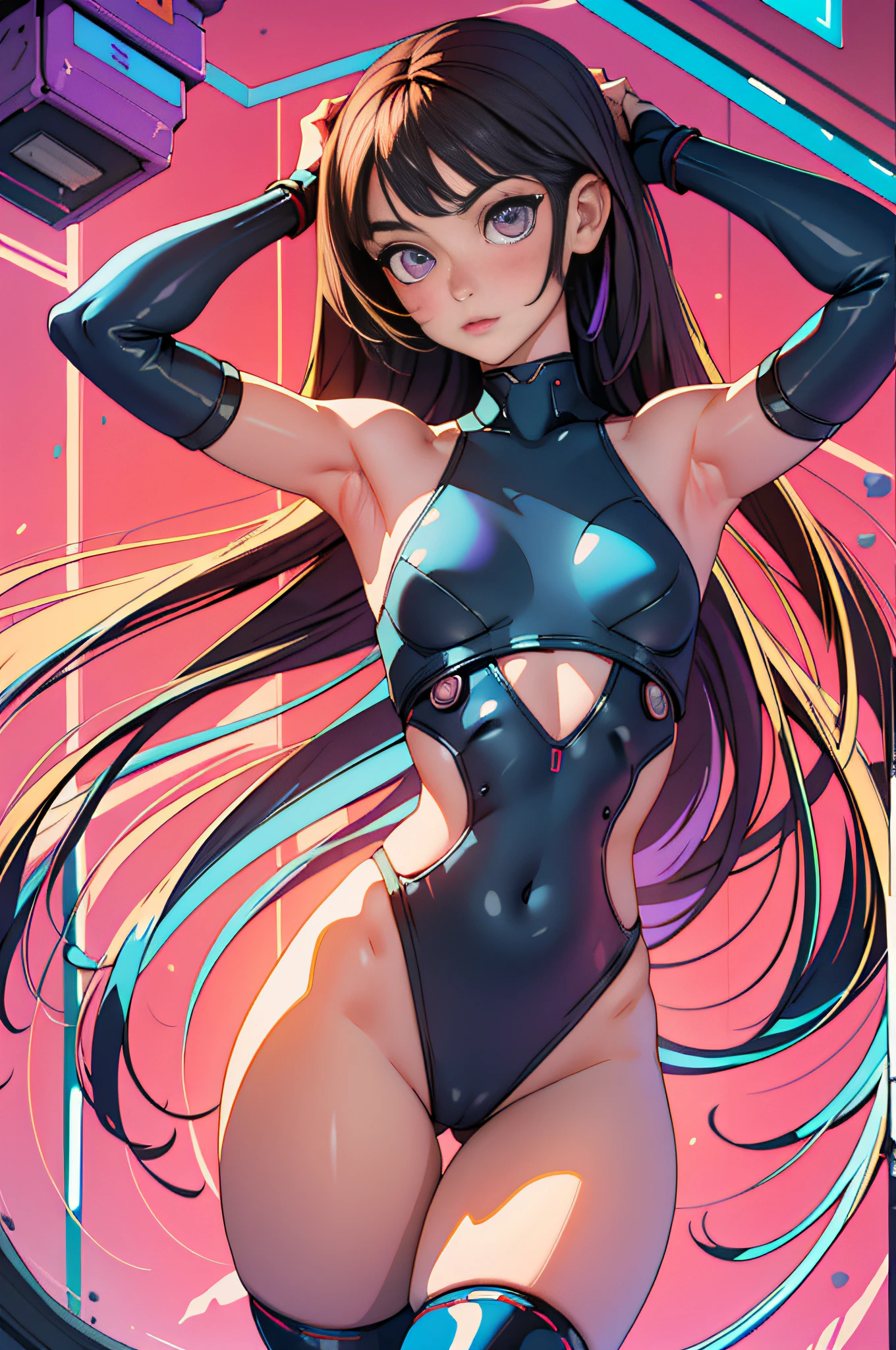 Masterpiece, Top Quality, One-Girl Portrait, (Cameltoe: 1.2), thin waist, legs wide, black swimuit, bare arms, bare shoulders, bare legs, bare thighs, seductive, young, extremely detailed, skinny, standing, cyberpunk, (petite body), ((small)), ((wound beautiful face)), purple eyes, ((Extremely detailed eyes)), simple background