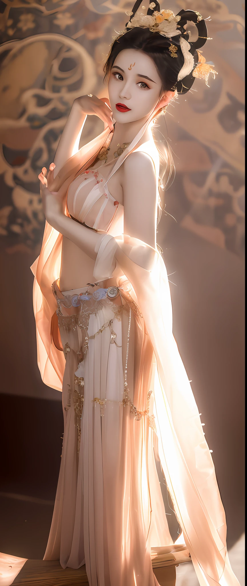 ((4k, masterpiece, best quality)), shuimobysim, lotus, hanfu, maxiskit, dressed conservative 1 girl, solo, white hair, long hair, fox ears, white, bikini, looking at the audience, teasing
