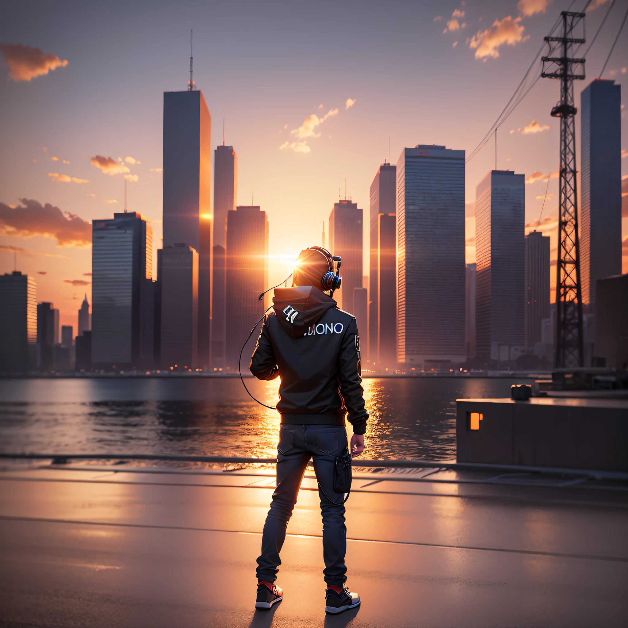A ONE ONE DJ STANDING HEADPHONES SUNSET SILHOUETTE HYPER REALISTIC VECTOR --auto --s2