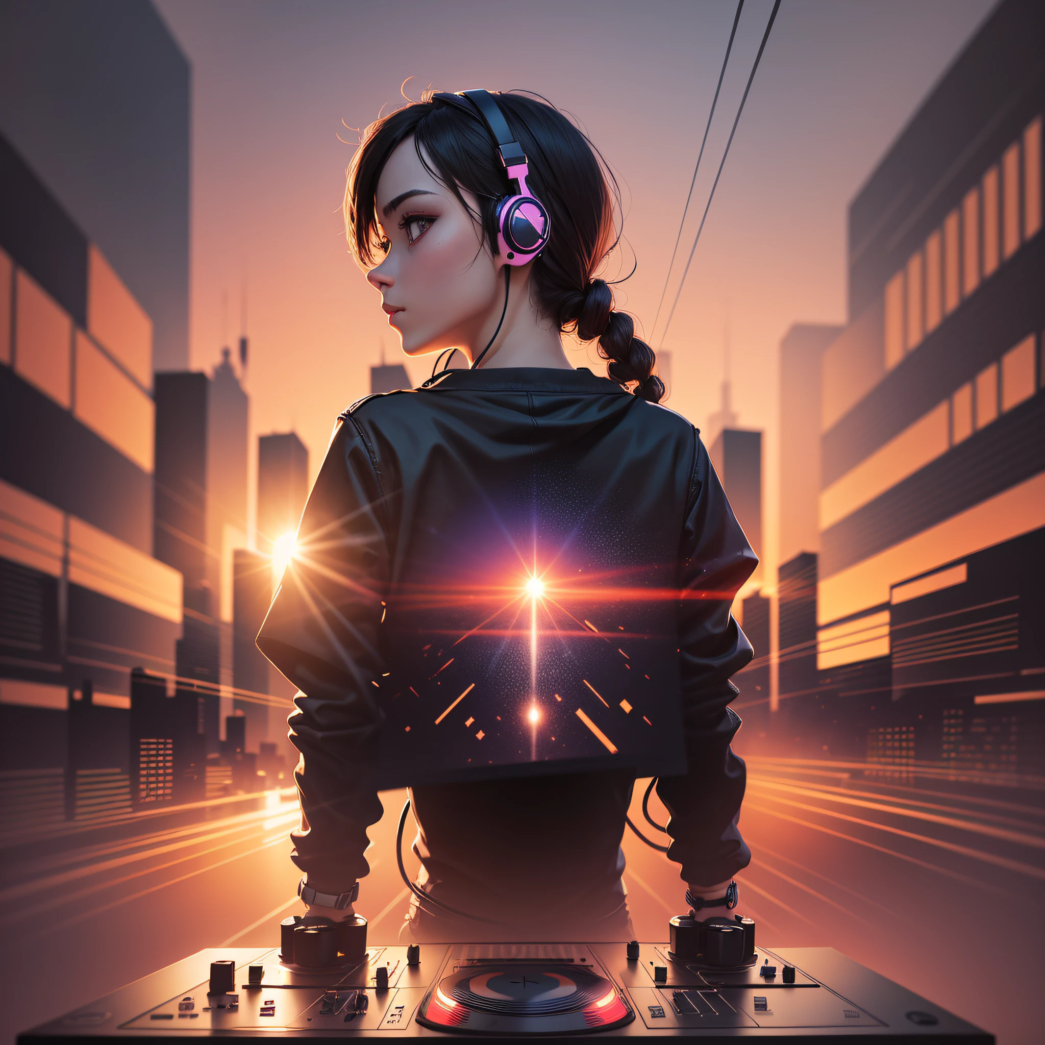 A ONE ONE DJ STANDING HEADPHONES SUNSET SILHOUETTE HYPER REALISTIC VECTOR --auto --s2