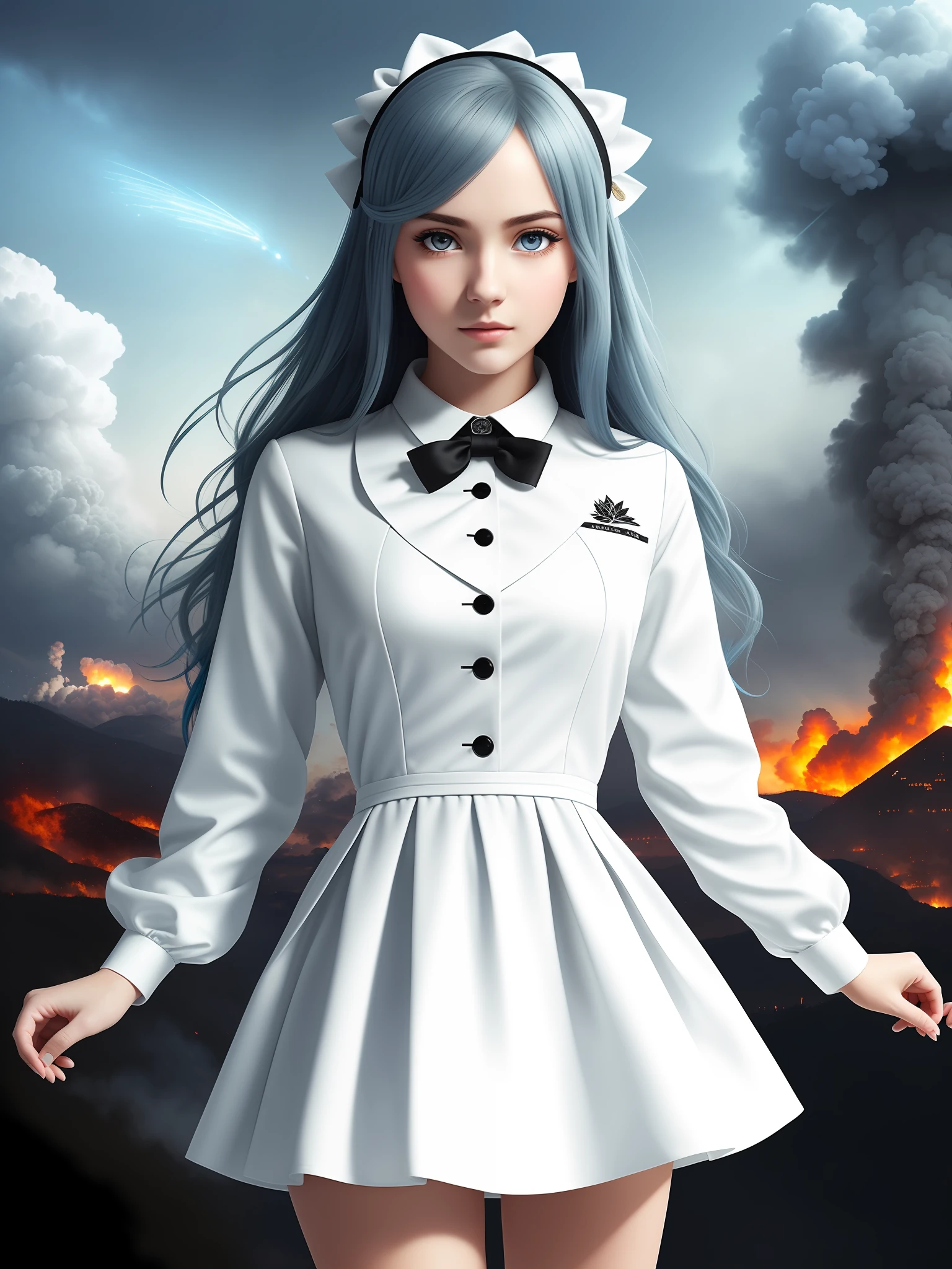 masterpiece, best quality, illustration, {beautiful detailed girl}, beautiful detailed brilliance, (flames of war: 1.2), (nuclear explosion behind: 1.3), rain, detailed lighting,  logo on clothes, detailed water (beautiful and detailed eyes: 1.1), expressionless, palace, blue hair, disheveled hair, long bangs, hairs between eyes, (white and gray dress: 1.1), black ribbon, white bow ties,  abdomen, large forehead, still gaze, flower, long sleeves