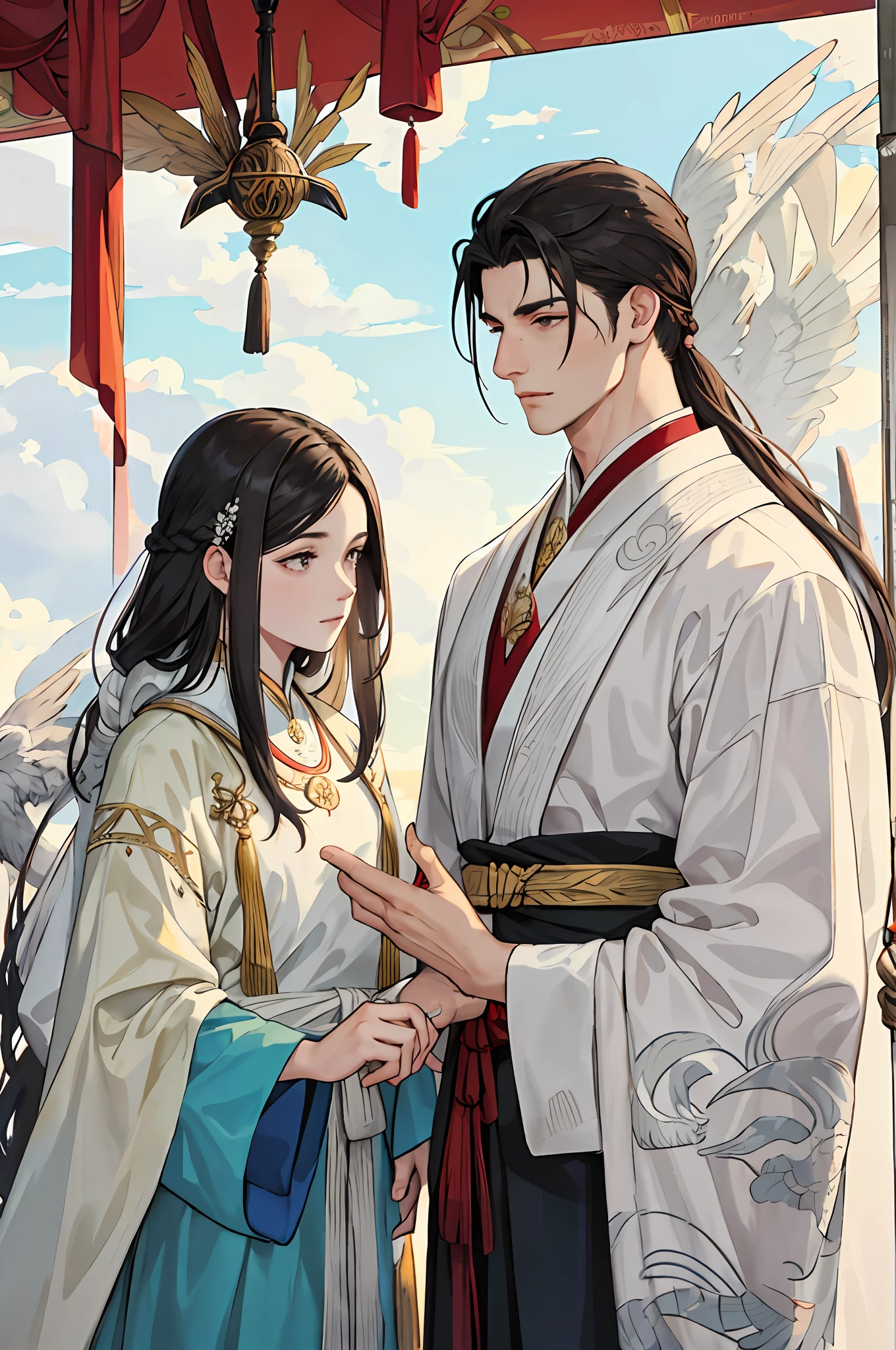 A man and a woman, the male is tall, long hair, handsome, ancient costume, palace, crane, cloudy, white skin, melancholy