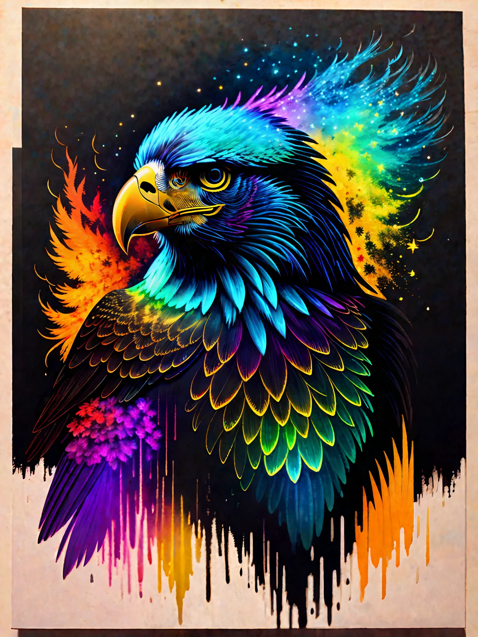 a painting of a colored eagle on a black background,, breathtaking rendering, within a radiant connection, inspired by Kinuko Y. Craft,, magical elements, kitten icon, wow, is beautiful, casting a multi colorful spell, bright flash, flash