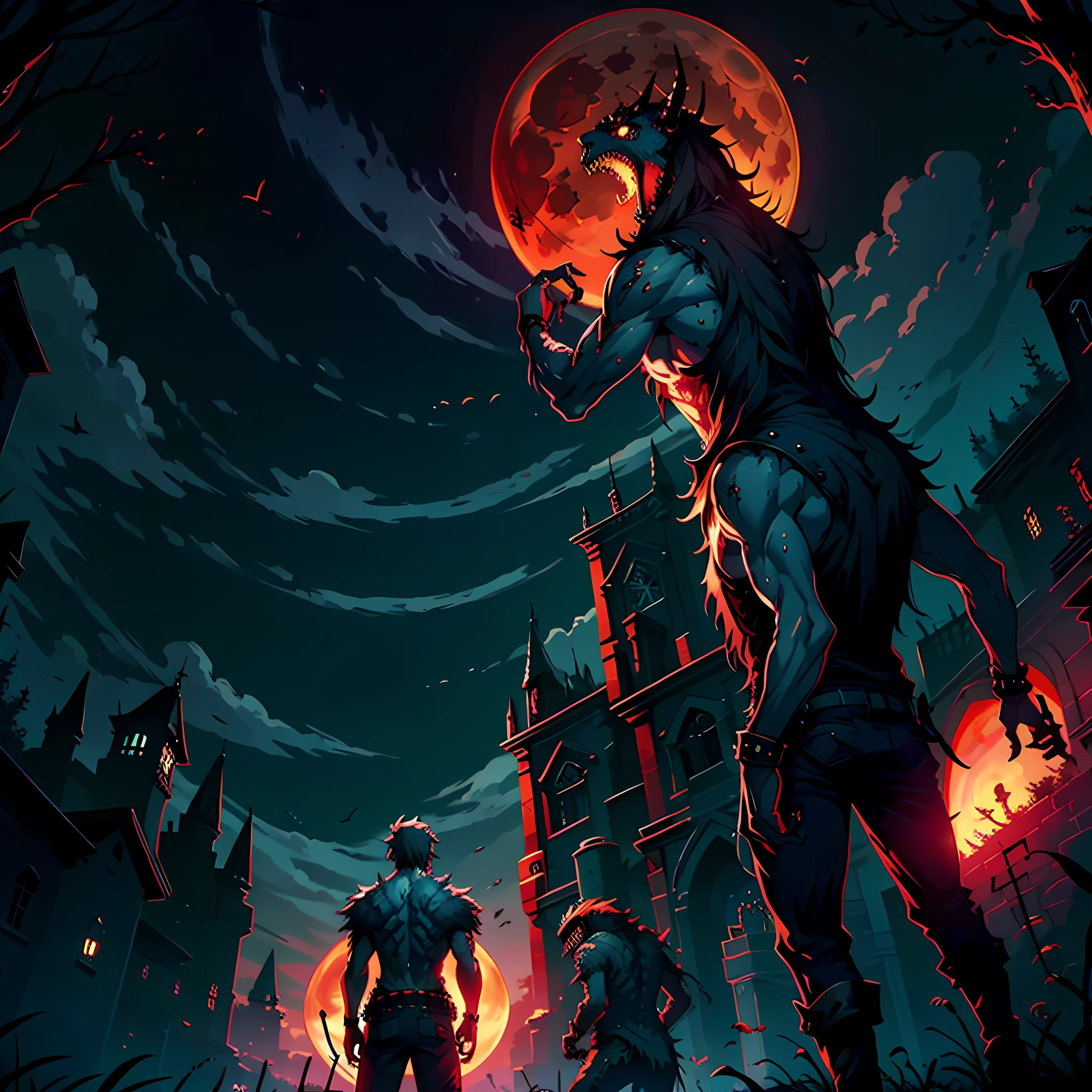 Masterpiece, Best Quality: 1.2), (Monsters: 1.5), Roar, (Red Moon: 1.2), (Zombies: 1.2), Dark, Horror
