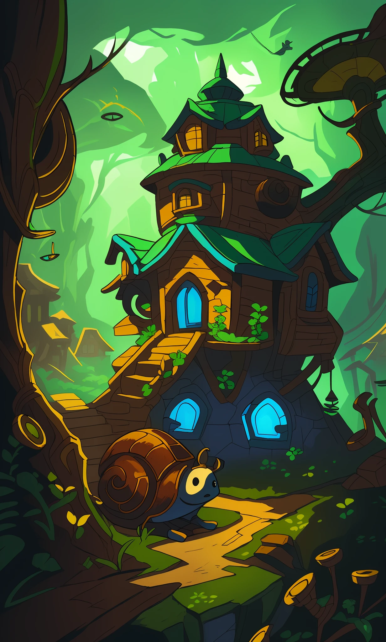 there is a snail that is sitting in front of a house, hearthstone concept art, fantasy hearthstone art style, cute snail
