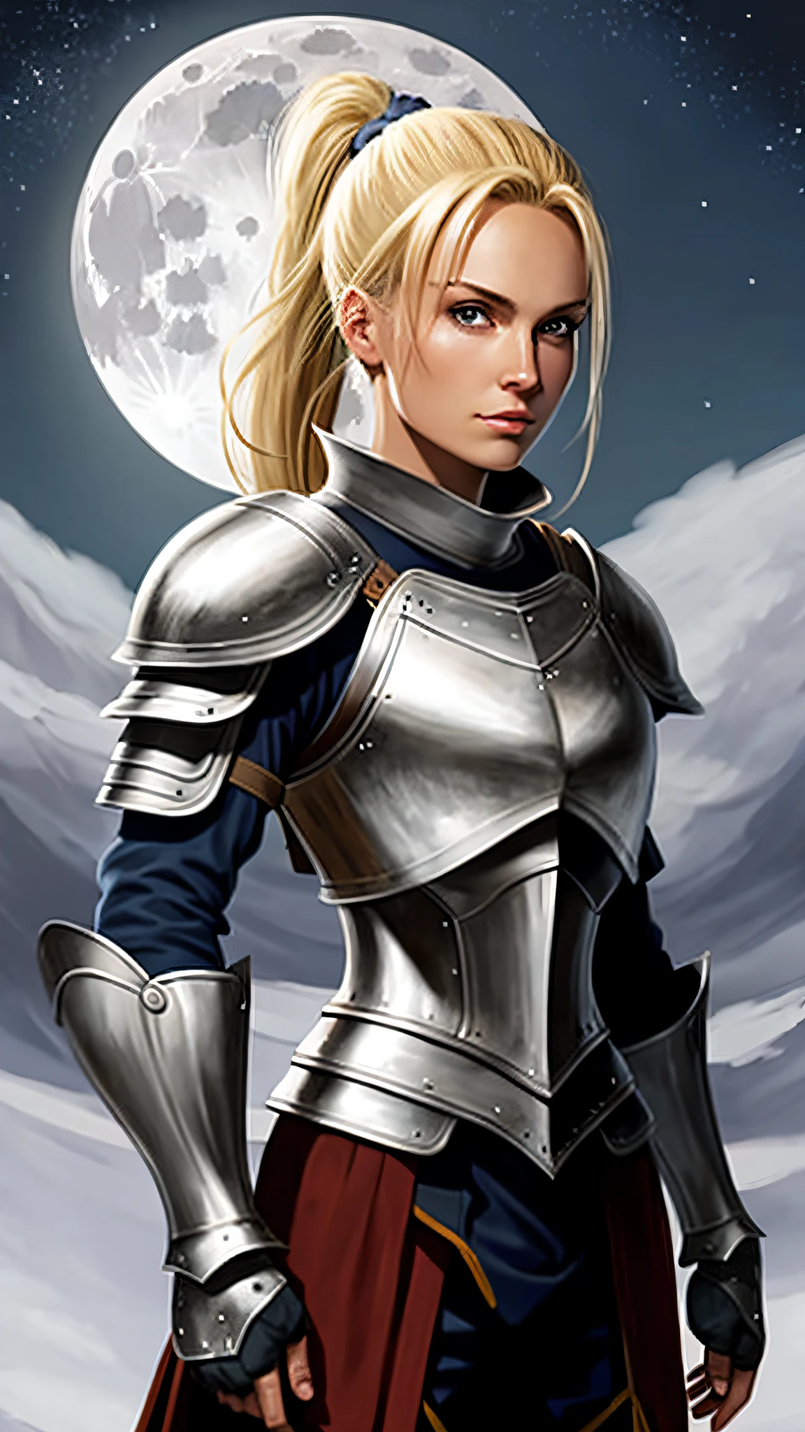 all Blonde Woman with ponytail in plate armor under moonlight