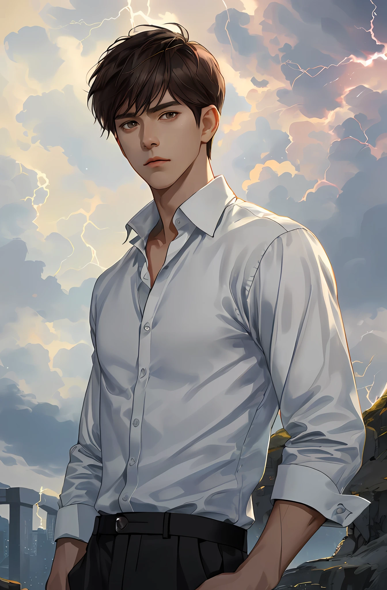 (Realism: 1.4), top quality, masterpiece, male, thin, (1 man, solo, white loose shirt, black pants, viewer watch, brown hair, gray eyes, closed mouth, upper body), (male face, Korean face, sharp eyeliner), (face focus, potreit, lightning in the movie), (light spring theme, short-haired men)