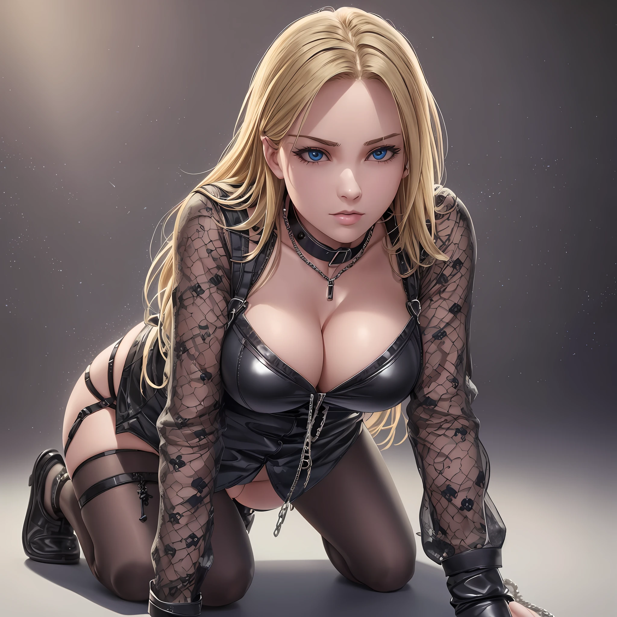 extremely detailed clothing, large-breasted girls with cleavage, thin strap-on shirt, (((photorealism))), cyber realism, 16k, (1girl), collar, (fully sideways)chain on the neck, kneeling on all fours, extremely realistic skin, clothing with details, (blonde hair), (dark room), white lights