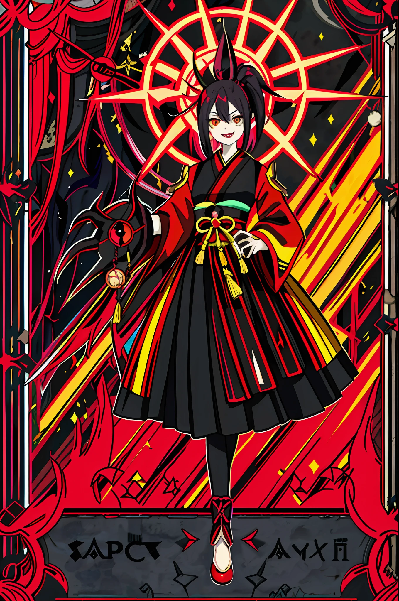 solo, Yokai women, (glowing:0.7)  ruby, vivid colors, black hair, ponytail , has two yellow horns, yellow eyes , (evil:1.4), (crazy look), (laugh), extends a hand to the viewer, dressed in a magical black and red samurai armor with shining runes, magical effects, ultra detailed fantasy Japanese environment.