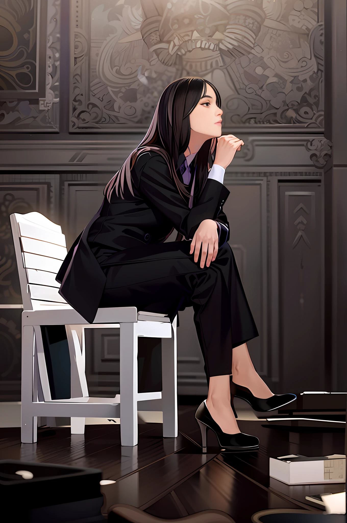 woman sitting on a chair in a room with a laptop, wearing black business suit, wearing a black suit, wearing black suit, in a black suit, woman in black business suit, wearing causal black suits, girl in a suit, girl in suit, wearing a black noble suit, ji-min, wearing business suit, wearing a business suit