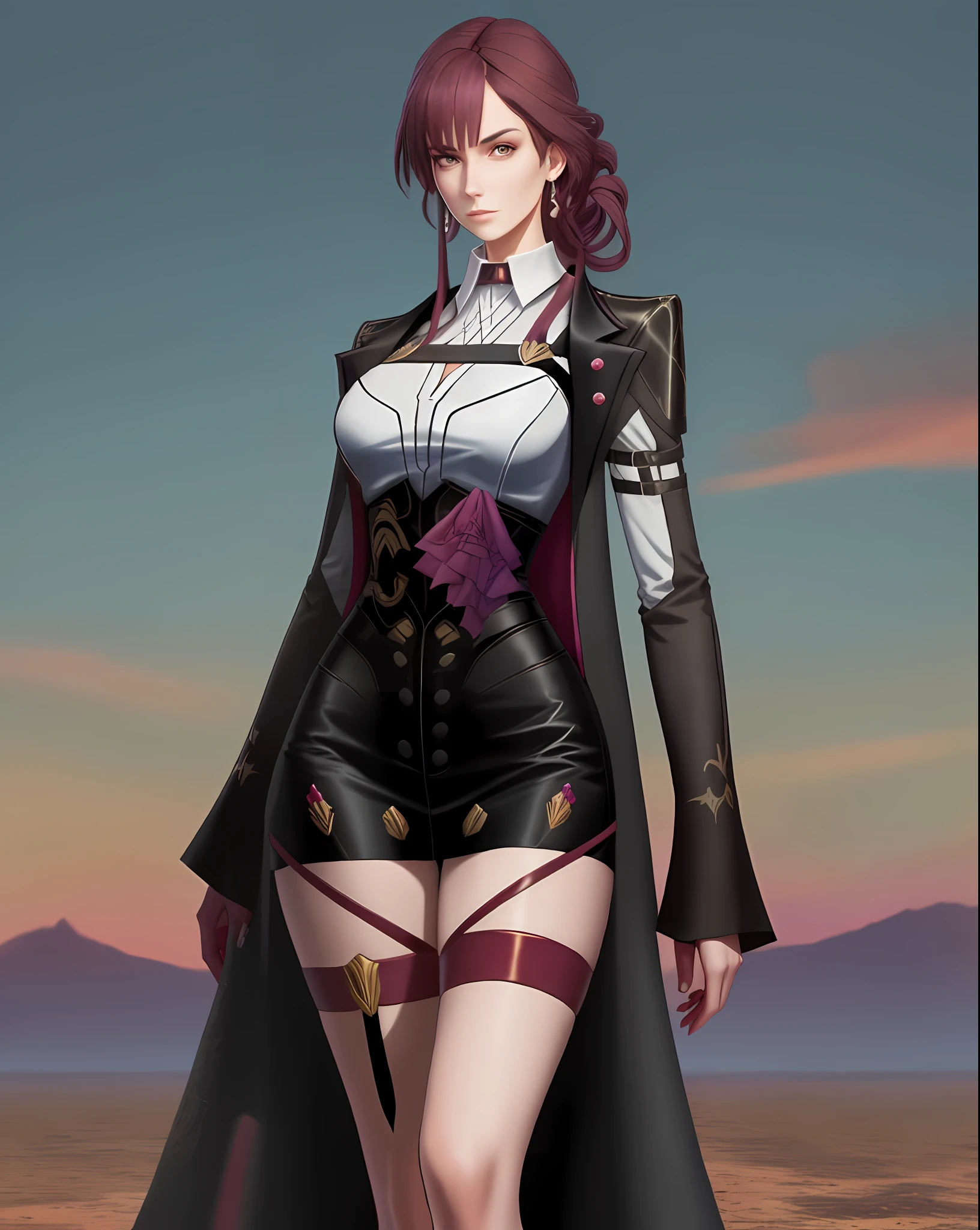 Beautiful tall woman with big chest with the color of her wine hair holding an antique pistol