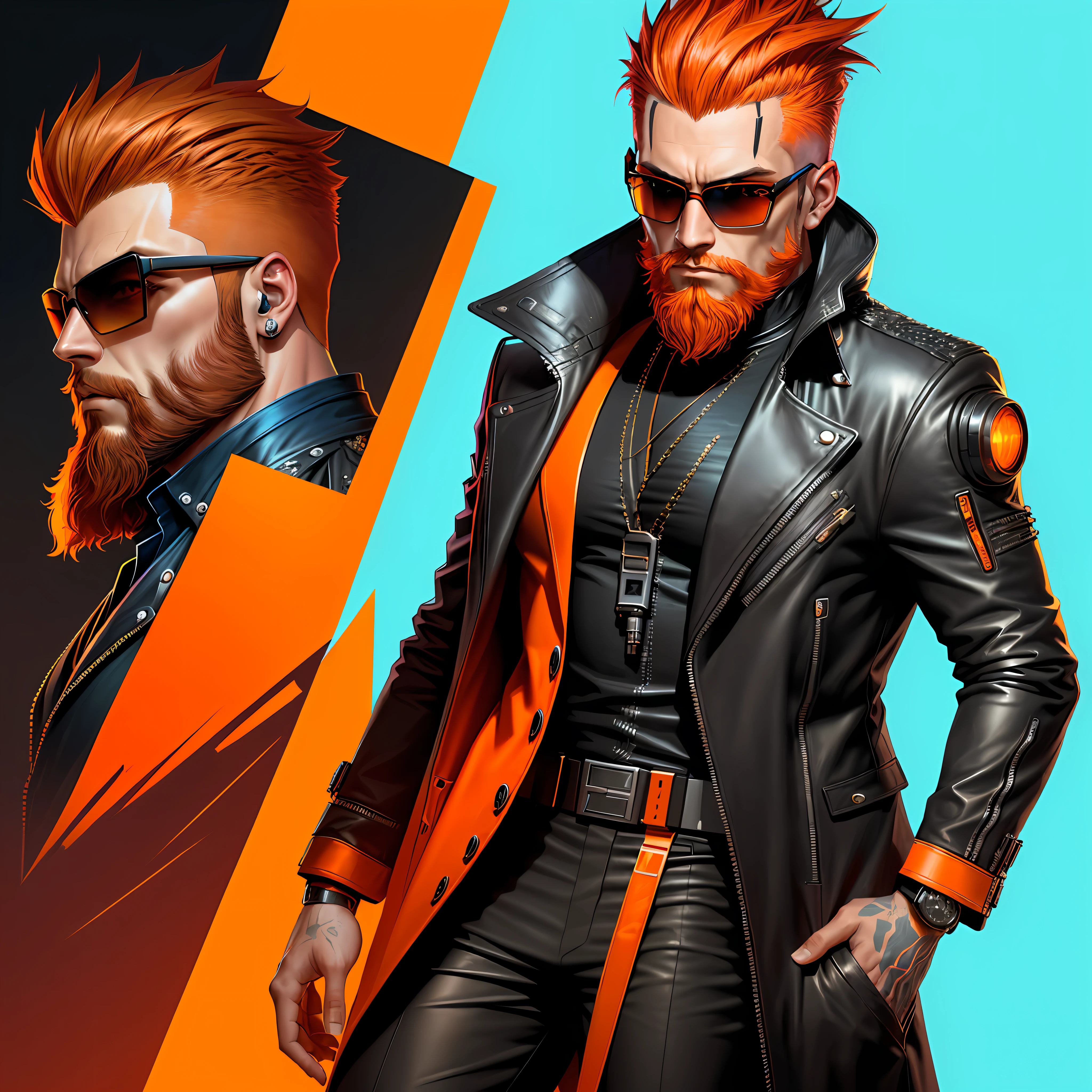 A man with a short beard and sunglasses, full body, cyberpunk art orange color, funk art, stunning gradient colors, stylized portrait h 704, pompadour, cool colors. insanely detailed, T-800, no watermark signature, in rich colors, outdated