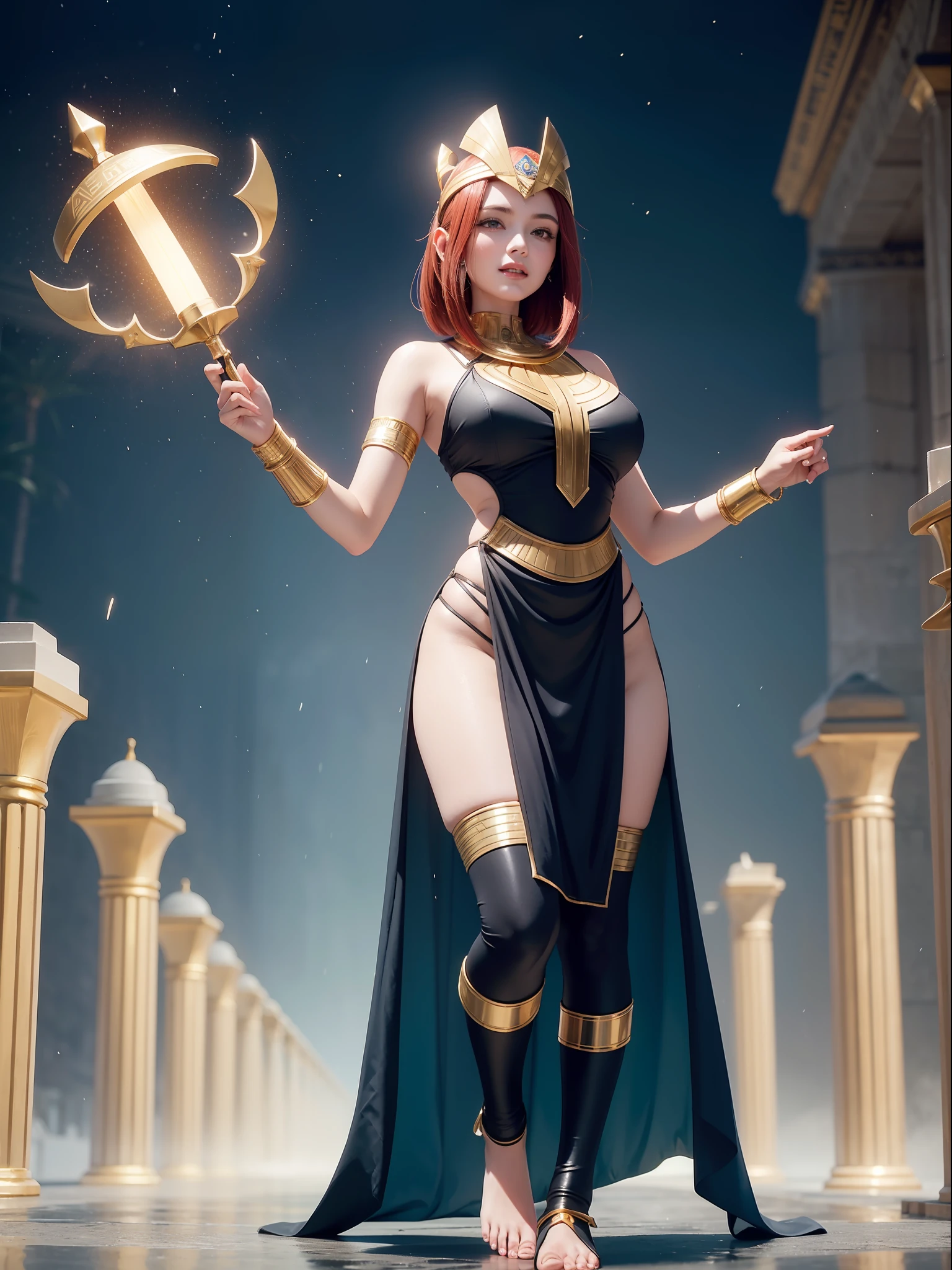 ((Full body photo,standing, feet on the ground)), Saria has large breasts, helmet on her head, black color with golden parts/futuristic Egyptian costume, Egyptian necklace on her neck, extremely tight on her body, (in an ancient Egyptian city it's raining and it's thundering), she has (short red hair, blue eyes), she's got her hands closed, holding a pure gold scepter, landing for the viewer, extremely exhibitionist, is looking at the viewer, manic smile, face with red cheek, hair and clothing all wet, semi transparent clothing, light makeup on the face, Futurism, 16k, UHD, retina, masterpiece, ccurate, anatomically correct, best quality, high quality, textured skin