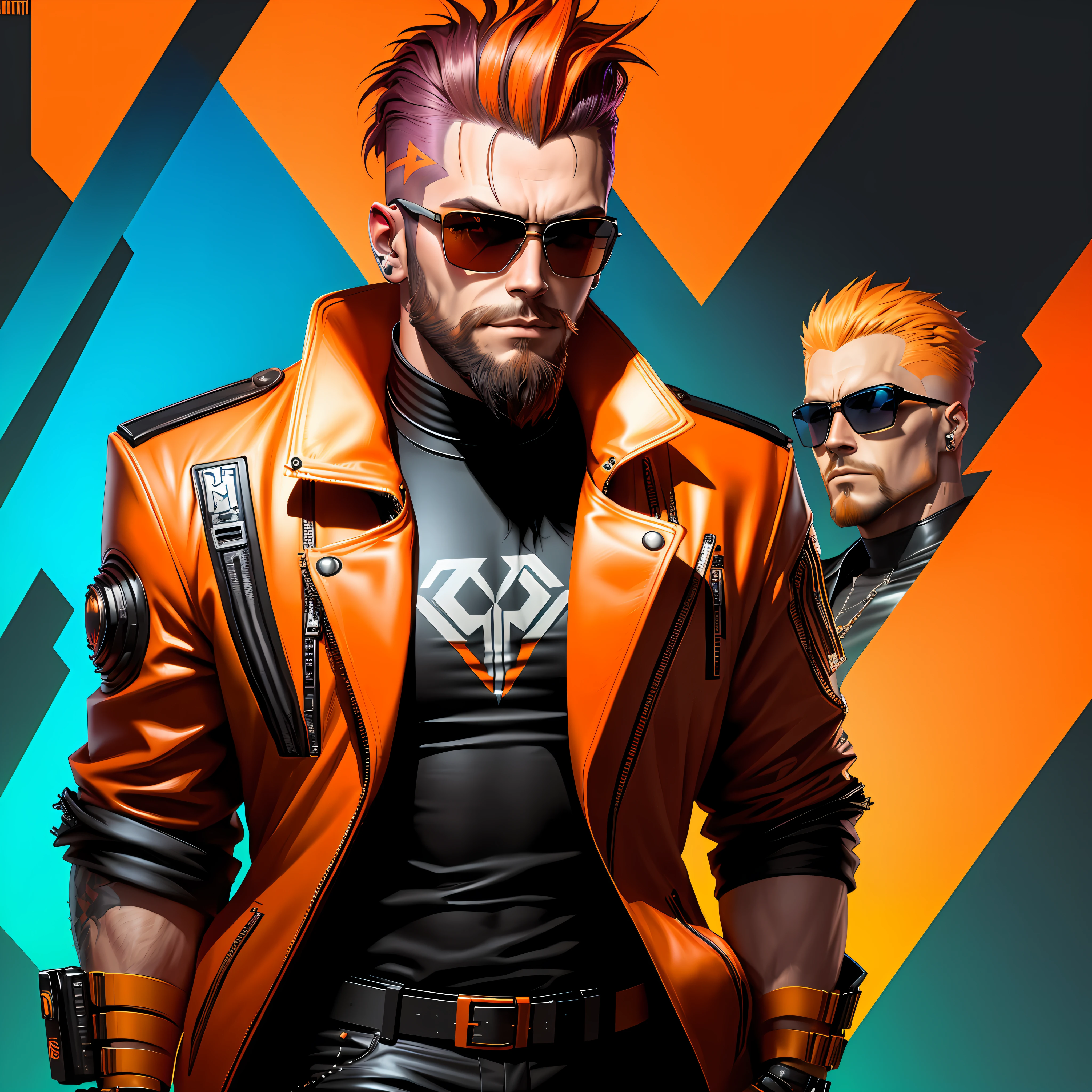 A man with a short beard and sunglasses, full body, cyberpunk art orange color, funk art, stunning gradient colors, stylized portrait h 704, pompadour, cool colors. insanely detailed, T-800, no watermark signature, in rich colors, outdated