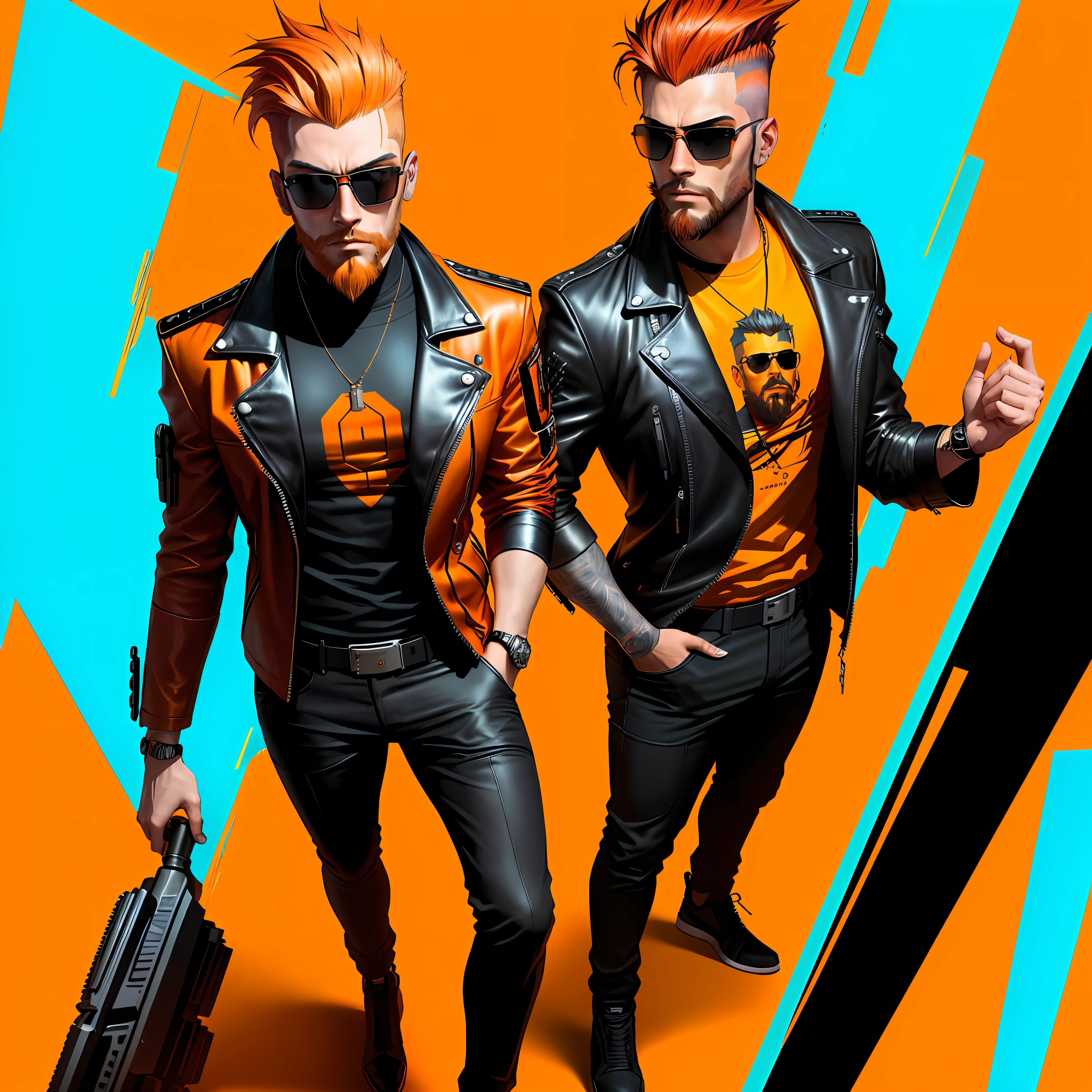 A man with a short beard and sunglasses, full body, cyberpunk art orange color, funk art, stunning gradient colors, stylized portrait h 704, pompadour, cool colors. insanely detailed, T-800, no watermark signature, in rich colors, outdated