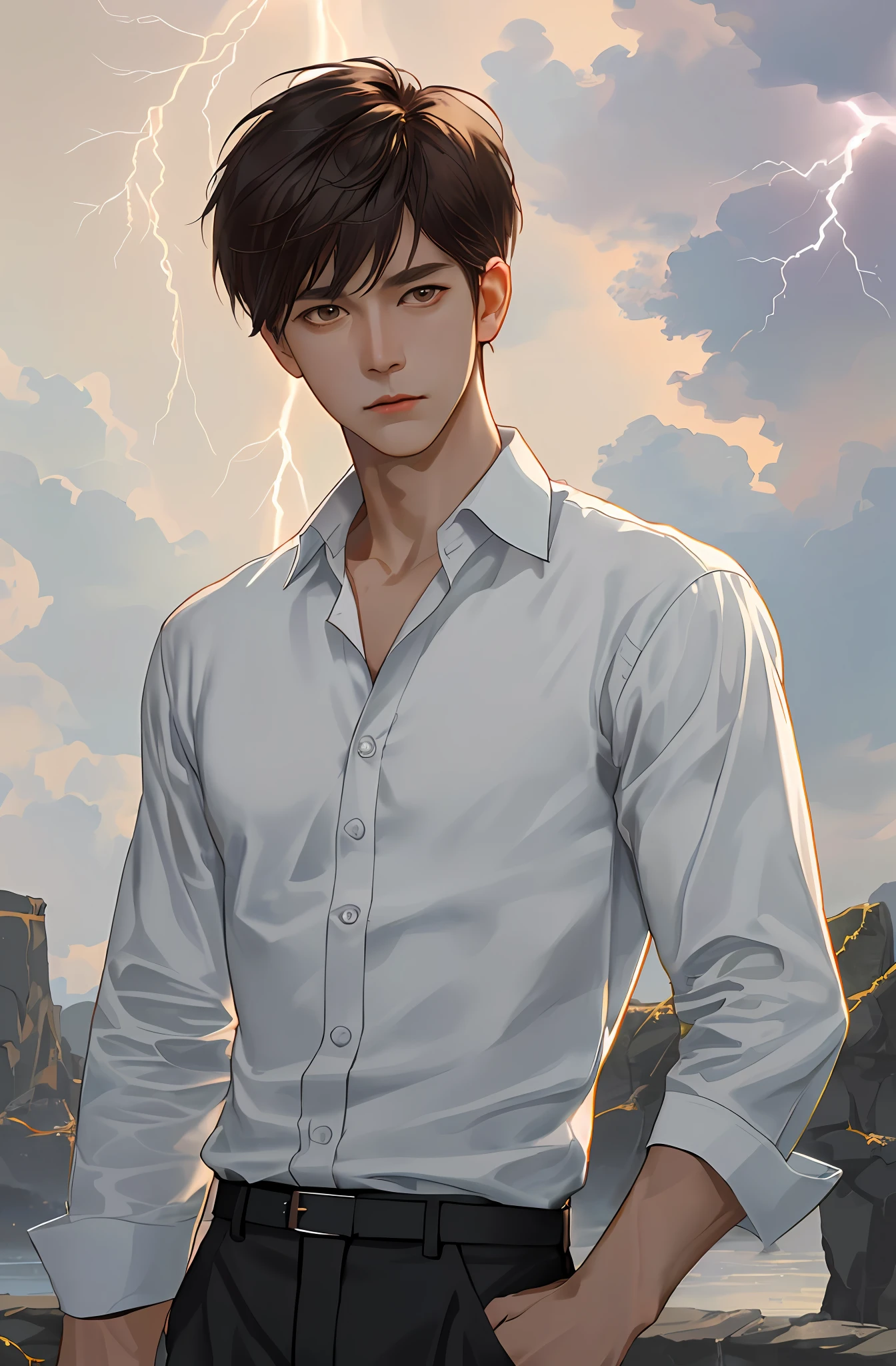 (Realism: 1.4), top quality, masterpiece, male, thin, (1 man, solo, white loose shirt, black pants, viewer watch, brown hair, gray eyes, closed mouth, upper body), (male face, Korean face, sharp eyeliner), (face focus, potreit, lightning in the movie), (light spring theme, short-haired men)