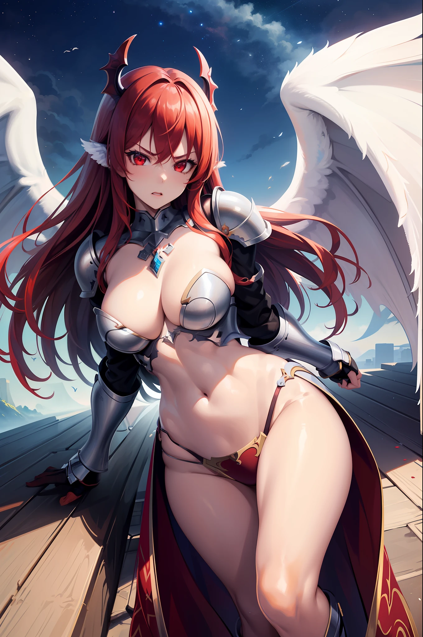 Masterpiece, high quality, best quality, beautiful, HD, perfect lighting, detailed face, detailed body, 1 girl, solo, (long red hair), red eyes, large , (night), night city, ((blue armor)), sexy po sexy face,rrowed brows, anger, pastels, bikini armor ((white devil wings))