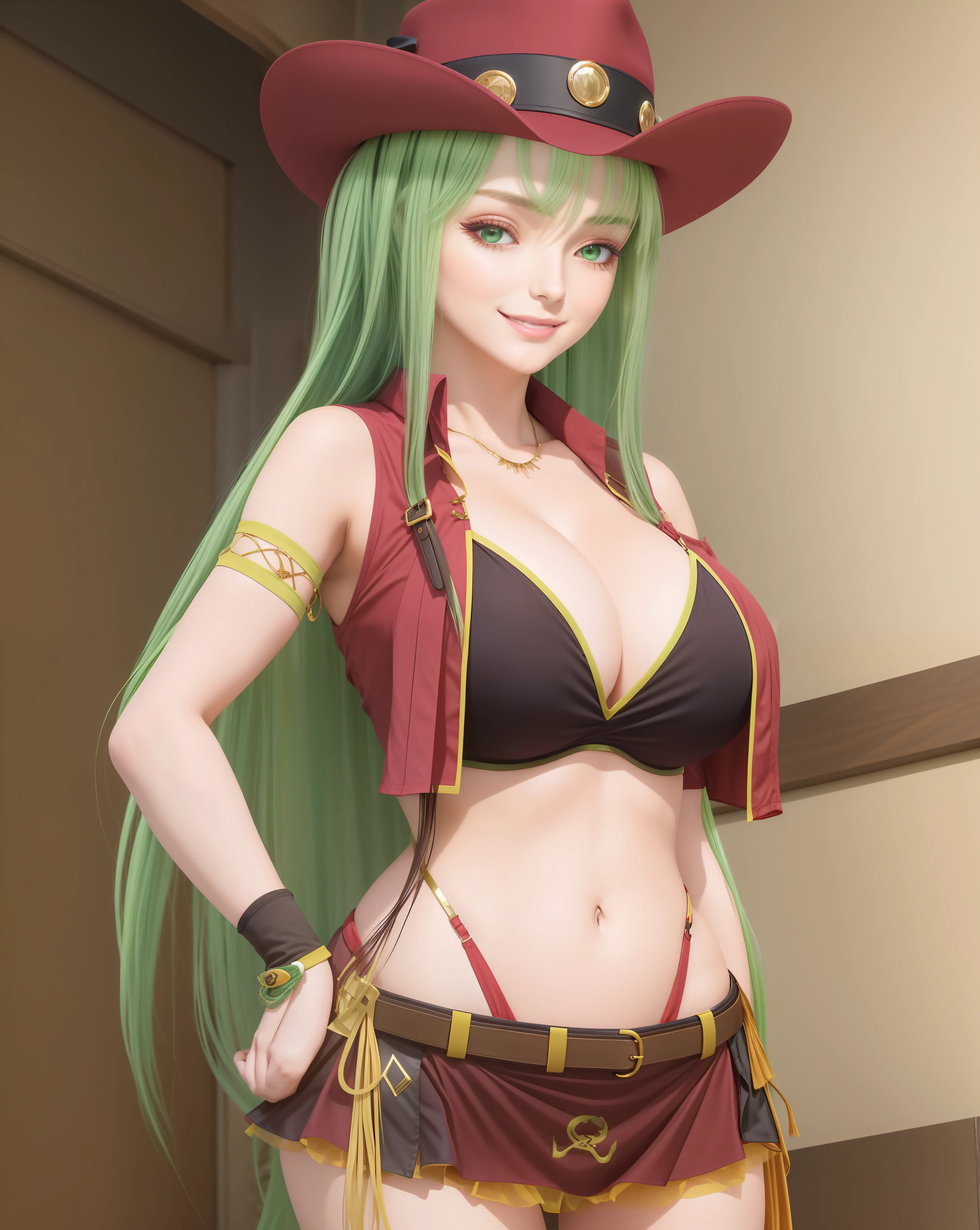 Beautiful woman, perfect body, with long hair in green color, violet eyes, wearing hat, cowgirl style, showing navel, with red blouse open showing black bra with yellow straps, large breasts, short brown skirt showing ass, big busda, perfect silhouette, green transparent pantyhose, brown boot long barrel, 1girl, long_hair, smile, open_mouth, large_