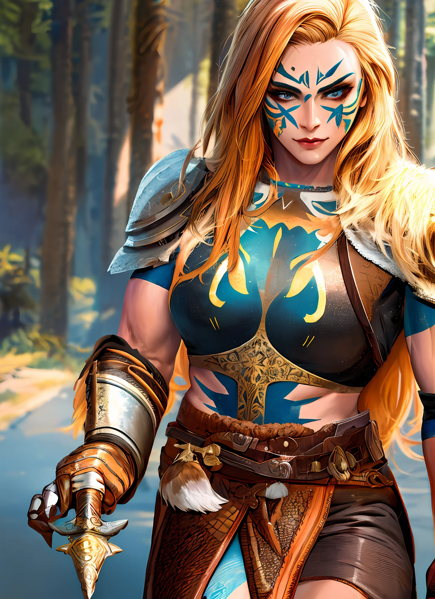 1girl, berserker, armor, mature female, eyeliner, blonde hair, long hair, muscular, facepaint (masterpiece, high quality: 1.2), 1:1