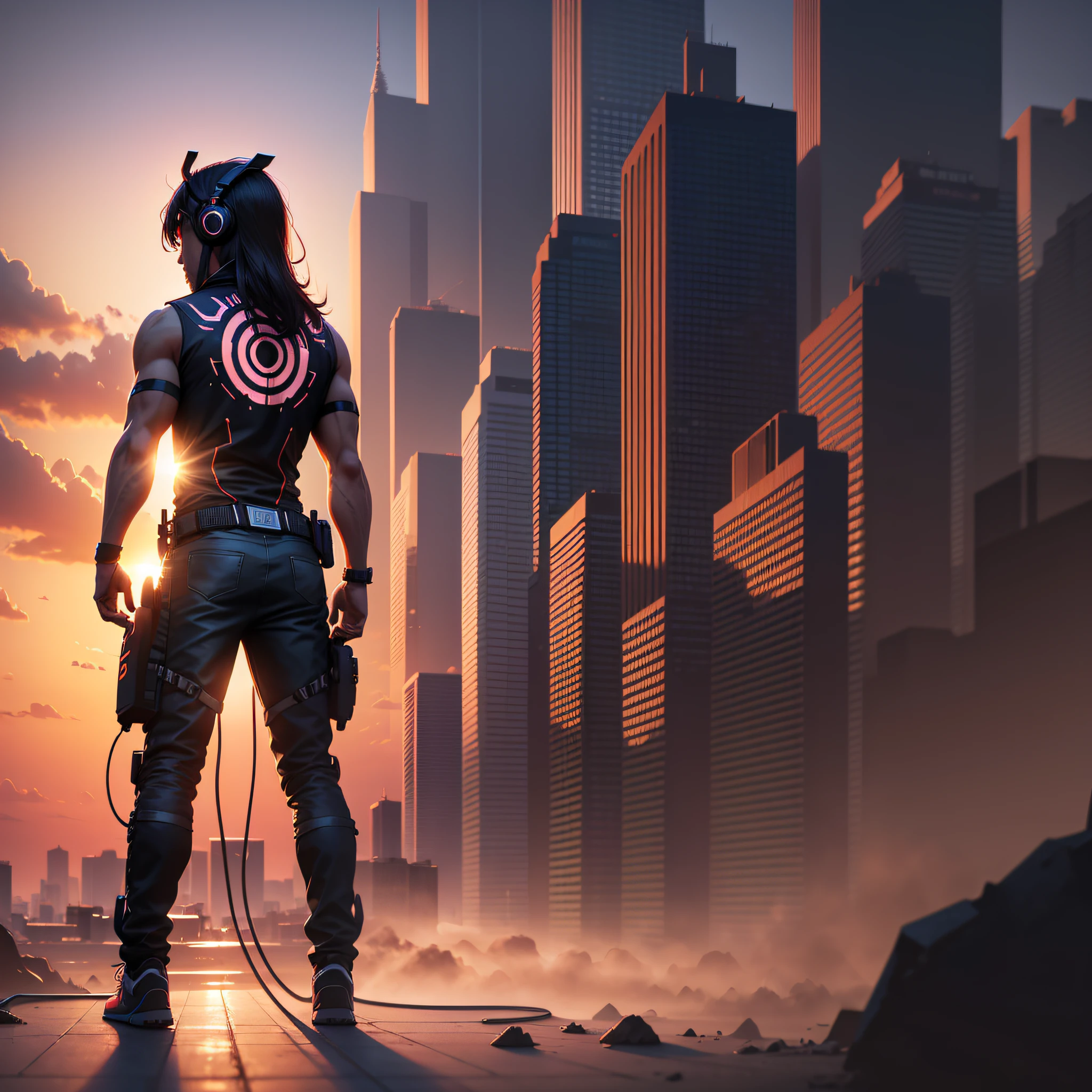 A ONE A DJ STANDING PREDATOR HEADPHONES SILHOUETTE SUNSET HYPER REALISTIC VECTOR --auto --s2