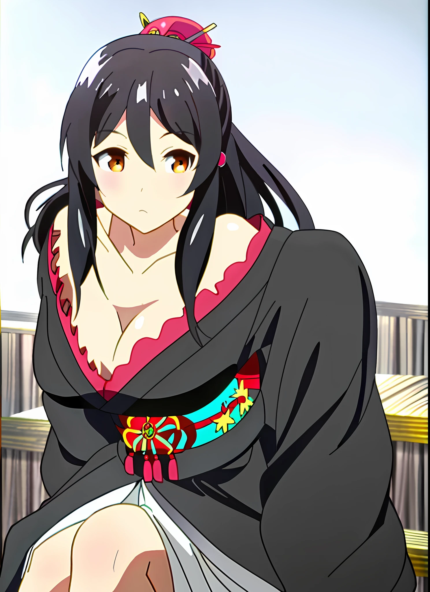 Masterpiece, best quality, anime art style, Uncle, beautiful woman and about 20 years old, (long black hair), golden eyes, wears a set of traditional black robes similar to a (black kimono), Japanese with unique floral designs on the bottom and a pink fairy-like t-shirt. She also wears a red Japanese-style hairpin and piercings on top of her hair, ((visible thighs))