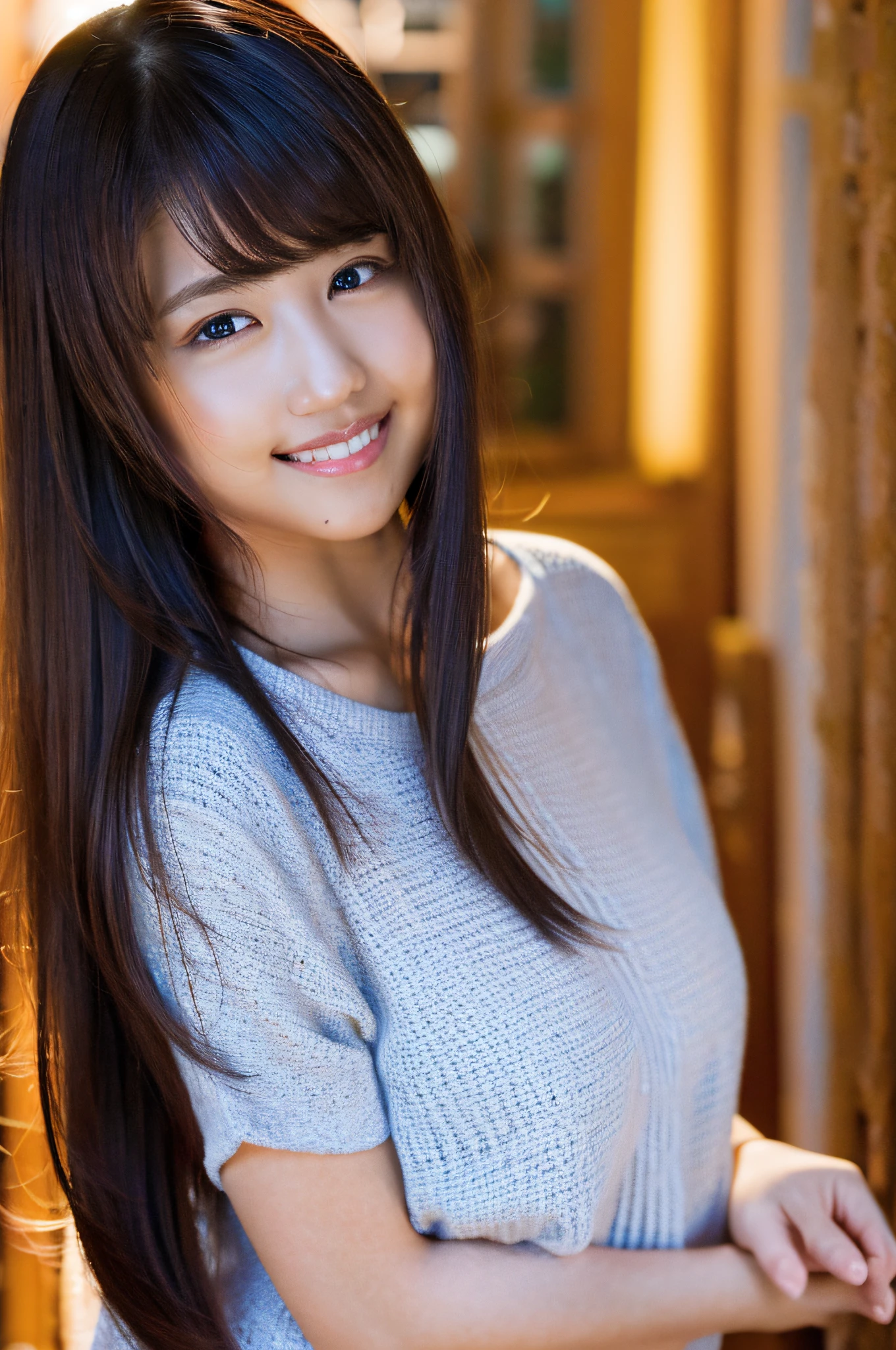(8k, RAW photo, best quality, masterpiece:1.2), (realistic, photo-realistic:1.37), ultra-detailed, ultra high res,1 girl,looking at viewer,beautiful detailed face,smile,narrow,(slim waist:1.3),shirt, beautiful detailed skin, skin texture, floating hair,professional lighting,