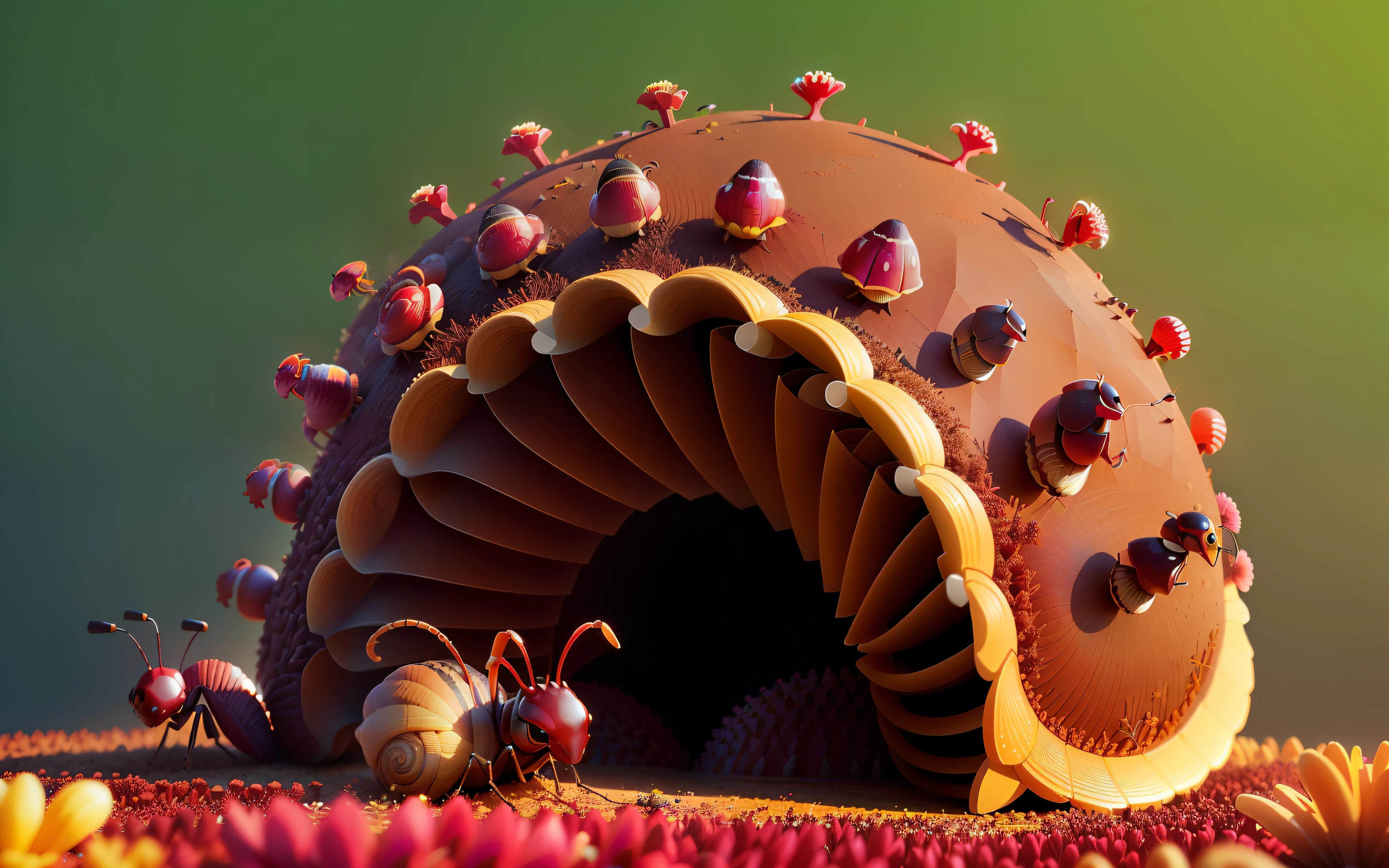 an anthill made from snail shell,maroon,flowers,ants,animation,3D,upascales