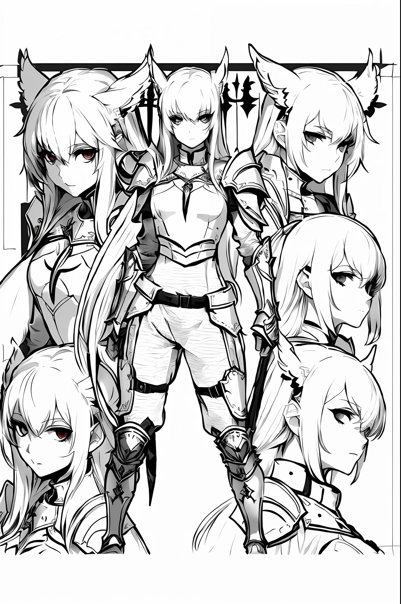 woman, crusader armor, white dress, wings Head, red eyes (detailed eyes ), long hair white, psycho, eyeliner eyes makeup, pale skin, different angles, detailed hands