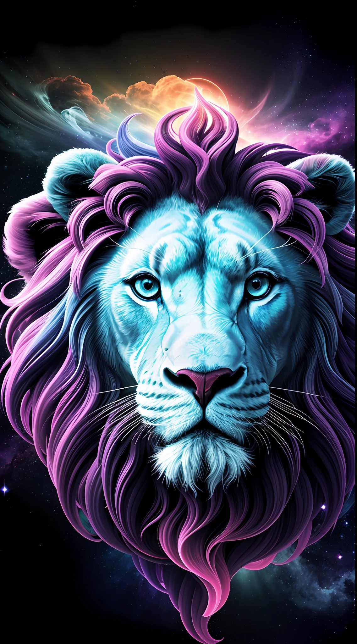 absurd, ultra detailed, Create an image using a prism effect, with light refraction and creating a colorful and kaleidoscopic appearance. Create an image with fisheye lens effect, capturing a wide field of view with a distinct, curved perspective. Capture of a lion with imposing Greek sculpture style expression, with a beautiful nebula in the colors baby blue and purple, conveying a sense of tranquility and natural beauty. , Illustrate a monochromatic world, convey depth, emotion and a stunning visual impact.