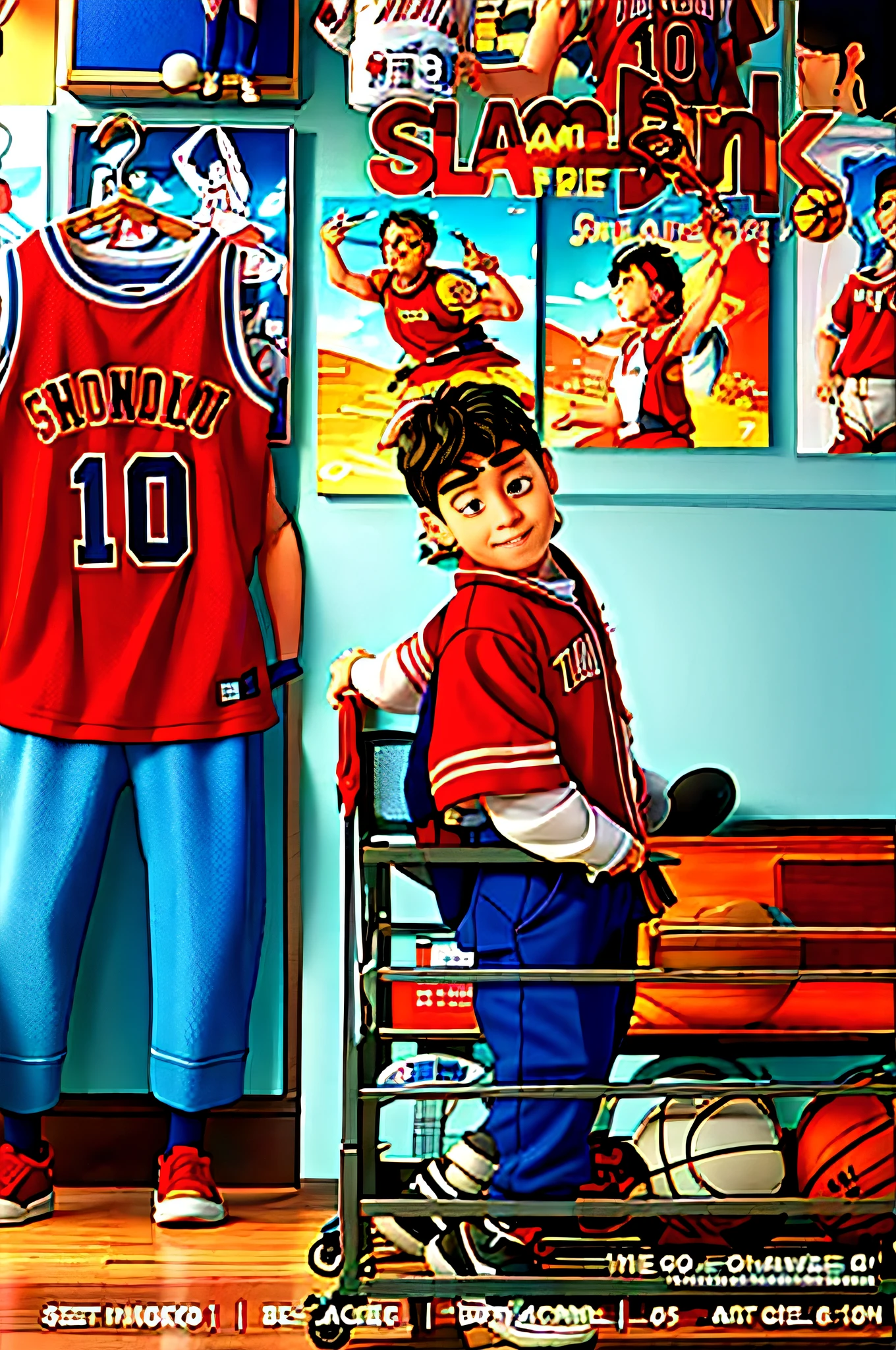 High quality, anime, cartoon, boy in red jersey standing in cart, basketball shirt, NBA jersey, dribbling game winner, medium shot portrait, anime poster on background wall