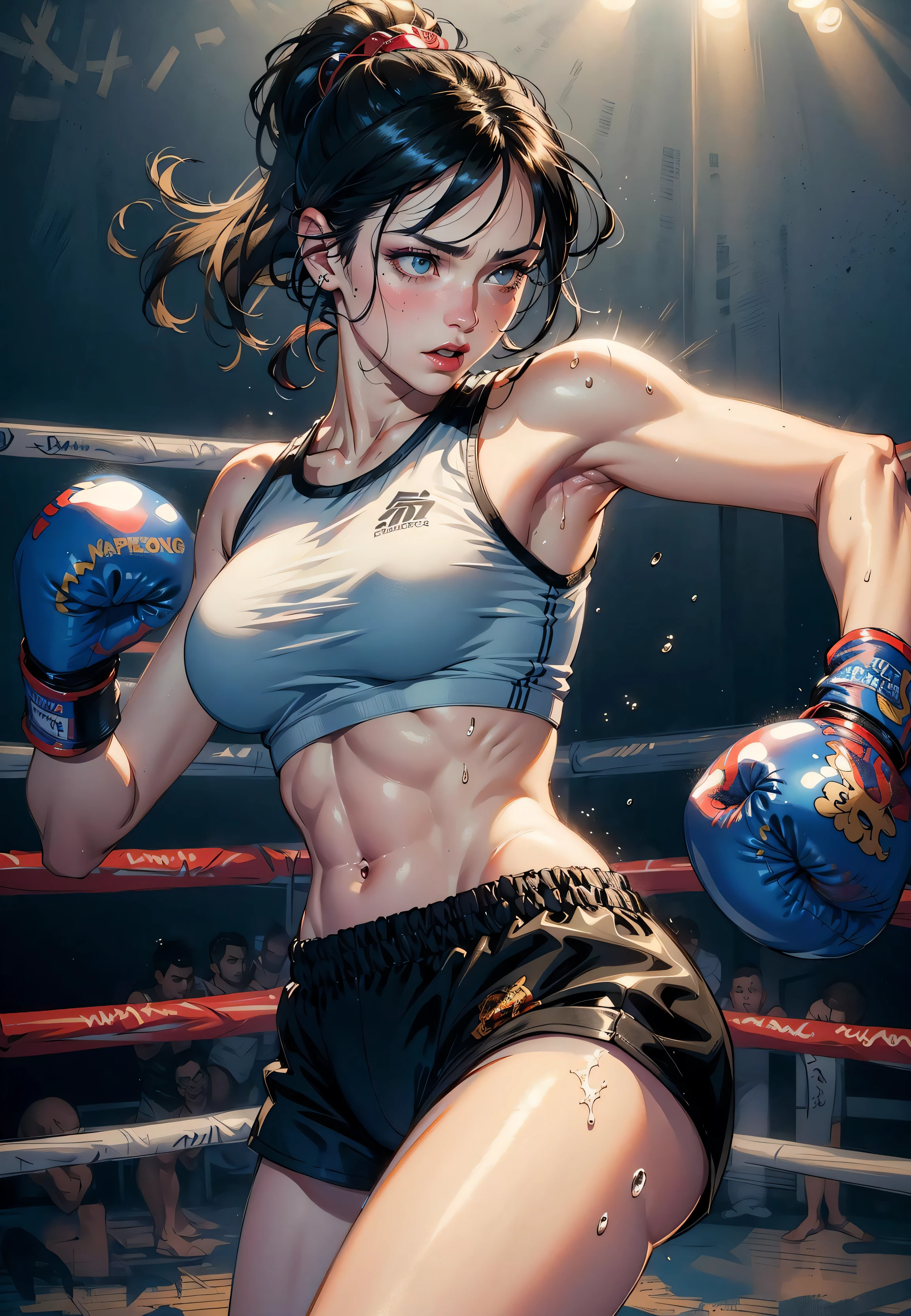 (original) , (very detailed wallpaper) , (best quality) , (masterpiece) , photographic reality, realistic, very detailed illustrations, (1 girl) , beautiful eyes, (delicate face) , perfect detail, (best lighting) , (super complex details) ,
(boxing girl) , (aggressive punching) , sweat, heavy breathing, (oppressive attack) , (boxing ring) , athletic shorts, perfect detail, perfect fingers, perfect limbs, impact, (shiny skin) , abs, muscles, waistline,boxing shorts, fist fight, black hair, high ponytail, very long hair,
4K unified, (super detailed CG: 1.2) , (8K: 1.2) , realistic, octane rendering