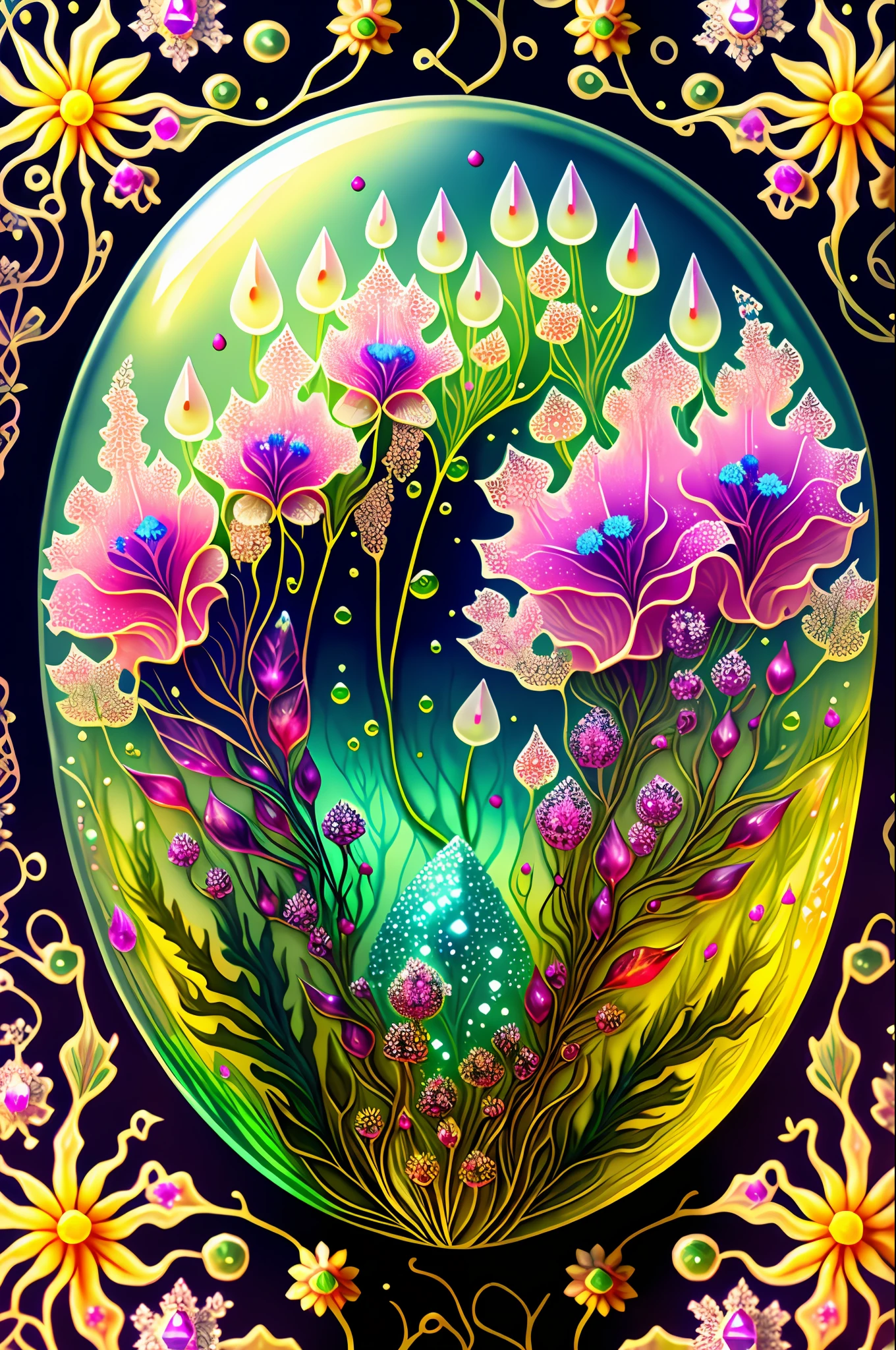 Rosen maiden, (masterpiece, best quality), (illustration),strange mycosis lush forest, transparent goo, caustics, crystals, close-up, intricate details, dark background, sparkling spores, rainbow crystals, dark