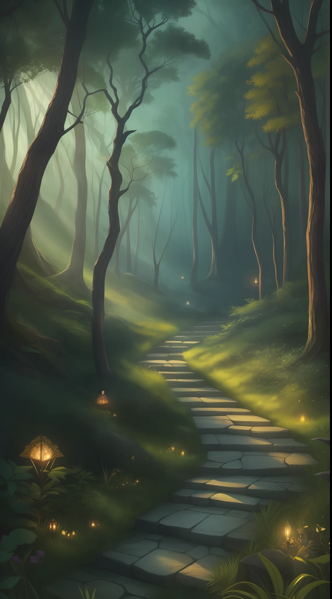Kentarion, the young boy, an orphaned human endowed with mysterious abilities, black hair, amber eyes, is in the middle of the forest of Azurana, observing the nature around him.  ancestral trees, and seems to be absorbing the wisdom and secrets the forest has to offer. In the background, a faint magical glow is present, revealing the presence of magic and incantations in that place. The illustration should convey the sense of mystery, fascination and enchantment that permeate the magical world of Varnathia.