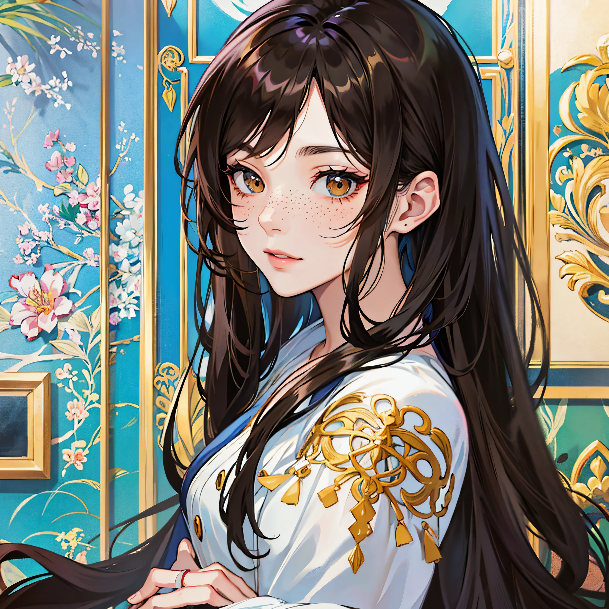 Masterpiece, best quality, {best quality}, {{masterpiece}}, {highres}, focus, anime style, a closeup of a cartoon of a woman, girl design, mara, portrait, giesha, anime image, long hair, black hair, brown eyes, hair covering ears, happy, polished and powerful look, exotic, tall, freckles --auto --s2