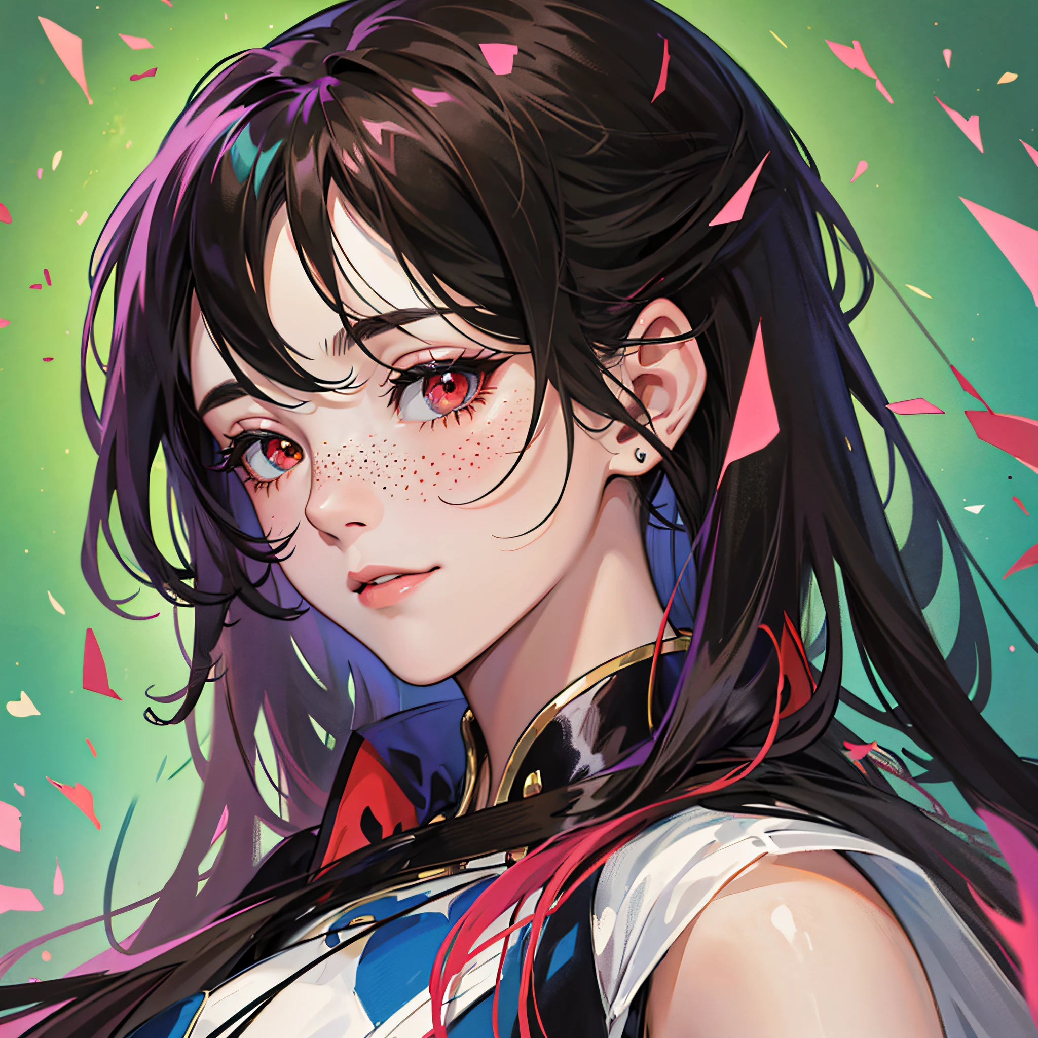 Masterpiece, best quality, {best quality}, {{masterpiece}}, {highres}, focus, anime style, a closeup of a cartoon of a woman, girl design, mara, portrait, giesha, anime image, long hair, black hair, red eyes, hair covering ears, happy, polished and powerful look, exotic, tall, freckles --auto --s2