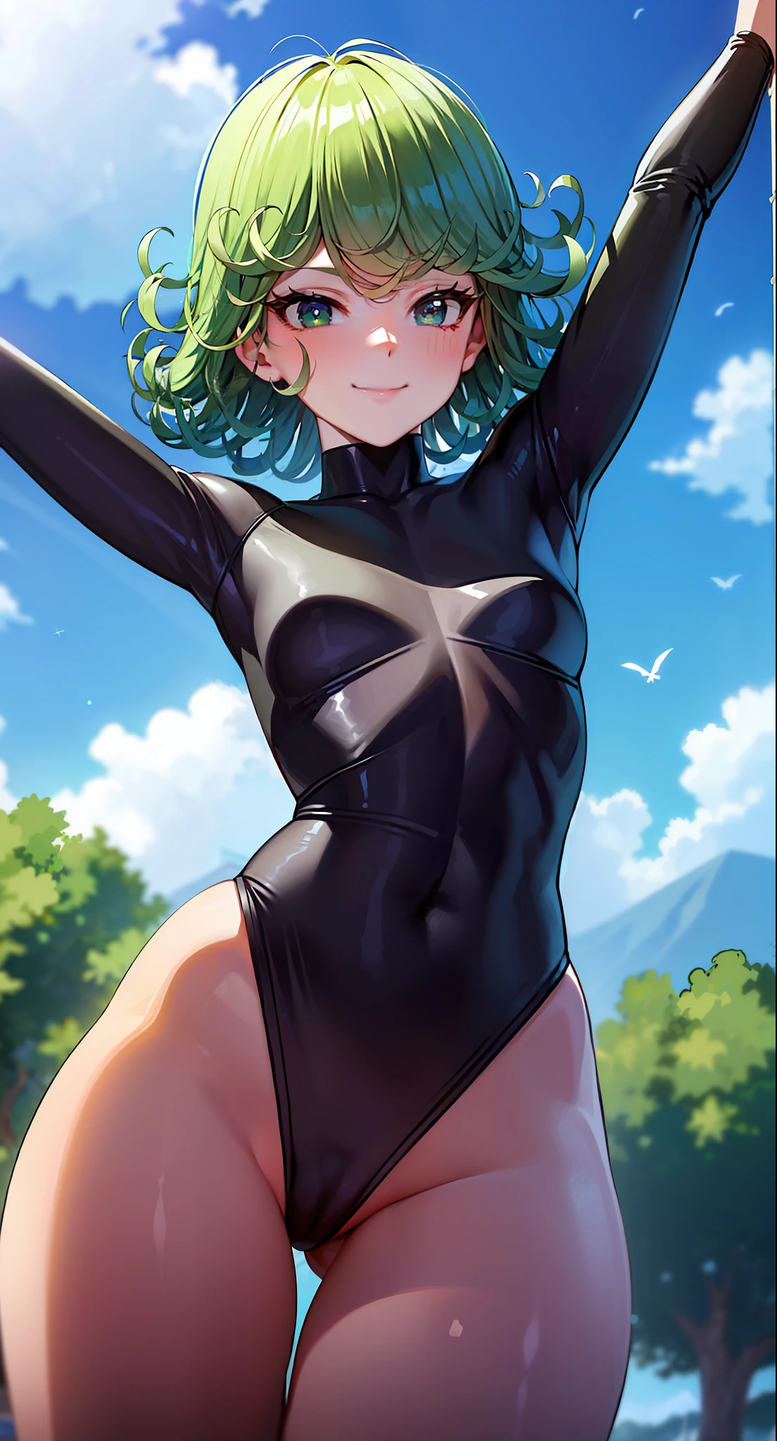 (masterpiece, best quality:1.2), cowboy shot, solo, 1girl, tatsumaki, lustful smile, closed mouth, looking at the viewer, black bodysuit, ass, wide hips, night sky, clouds, erotica