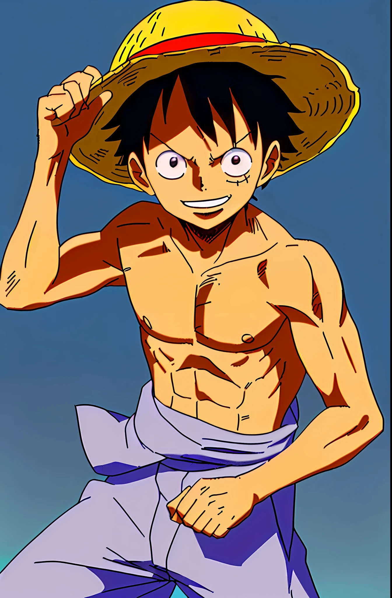 1boy, wanostyle, monkey d luffy, smiling, straw hat, random poses, anime, solo, upper body, ((masterpiece)), (best quality), (extremely detailed), depth of field, sketch, intense dark shadows, sharp focus, soft lighting, hdr, colorful, good composition, spectacular, (shirtless) hero, anime screenshot, scar under eye, ready to fight, black eyes