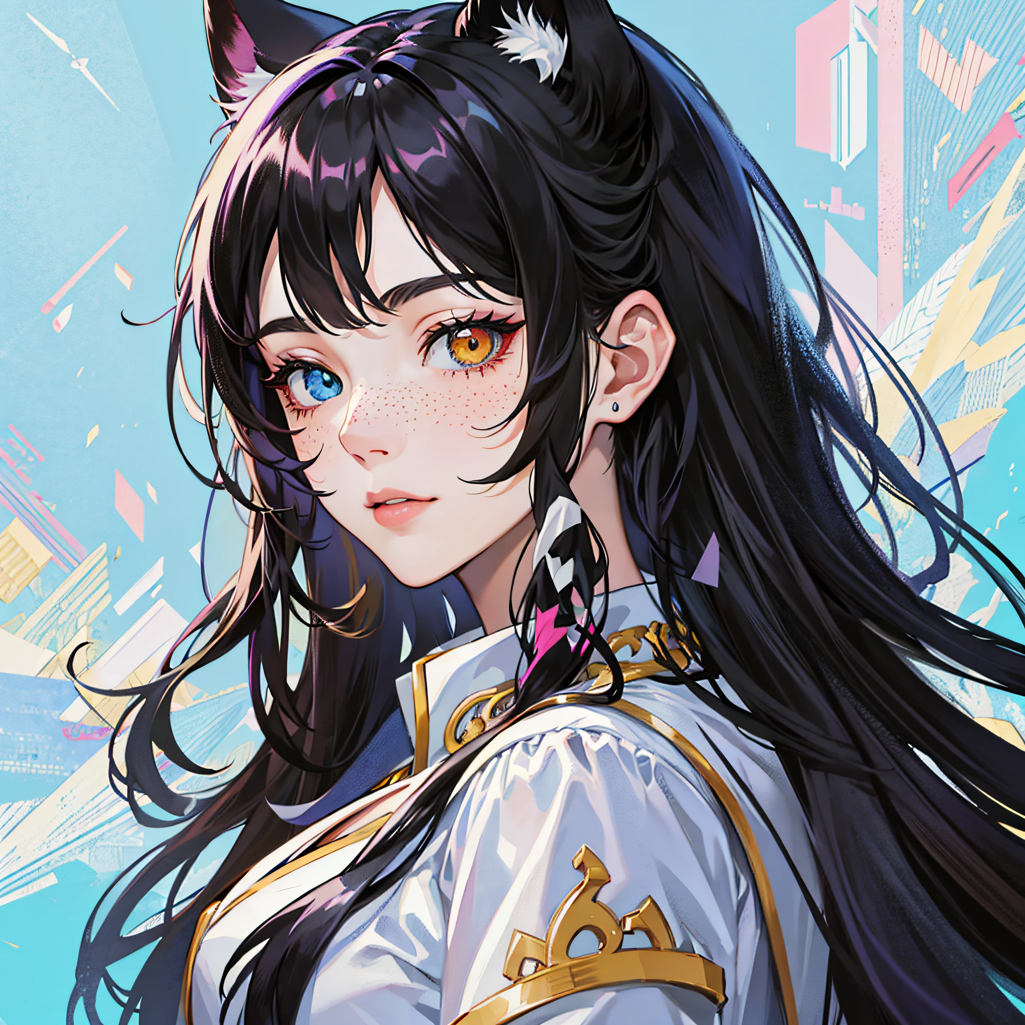 Masterpiece, best quality, {best quality}, {{masterpiece}}, {highres}, focus, anime style, a closeup of a cartoon of a woman, girl design, mara, portrait, giesha, anime image, long hair, black hair, heterochromia eyes, hair covering ears, happy, polished and powerful look, exotic, tall, freckles --auto --s2