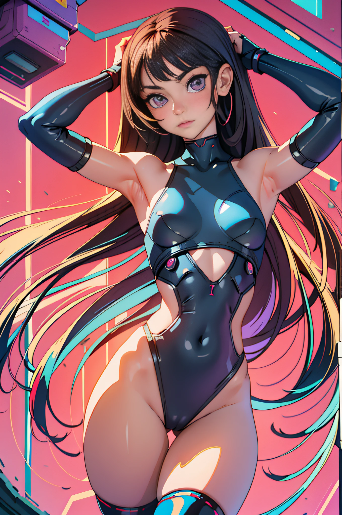Masterpiece, Top Quality, One Girl Portrait, (Cameltoe: 1.2), Thin Waist, Legs Wide, Black Swimuit, Bare Arms, Bare Shoulders, Bare Legs, Bare Thighs, Seductive, Young, Extremely Detailed, Skinny, Standing, Cyberpunk, (Petite Body), ((Small Breasts)), ((Beautiful Face)), Purple Eyes, ((Extremely Detailed Face)), Simple Background, (Asian)
