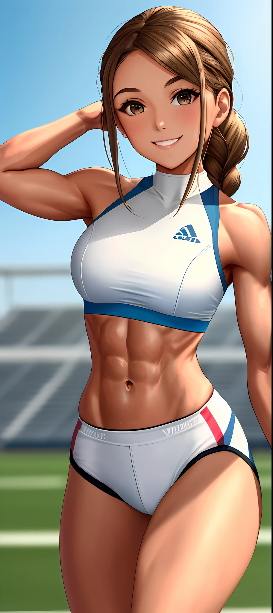 fitness goddess, beautiful, white sportswear, dynamic pose, blurred background, natural light, [abs:1.5], [smile:1.1], [braid:1.1], solo, @sarasaffari_, brown hair over shoulders, light brown skin,