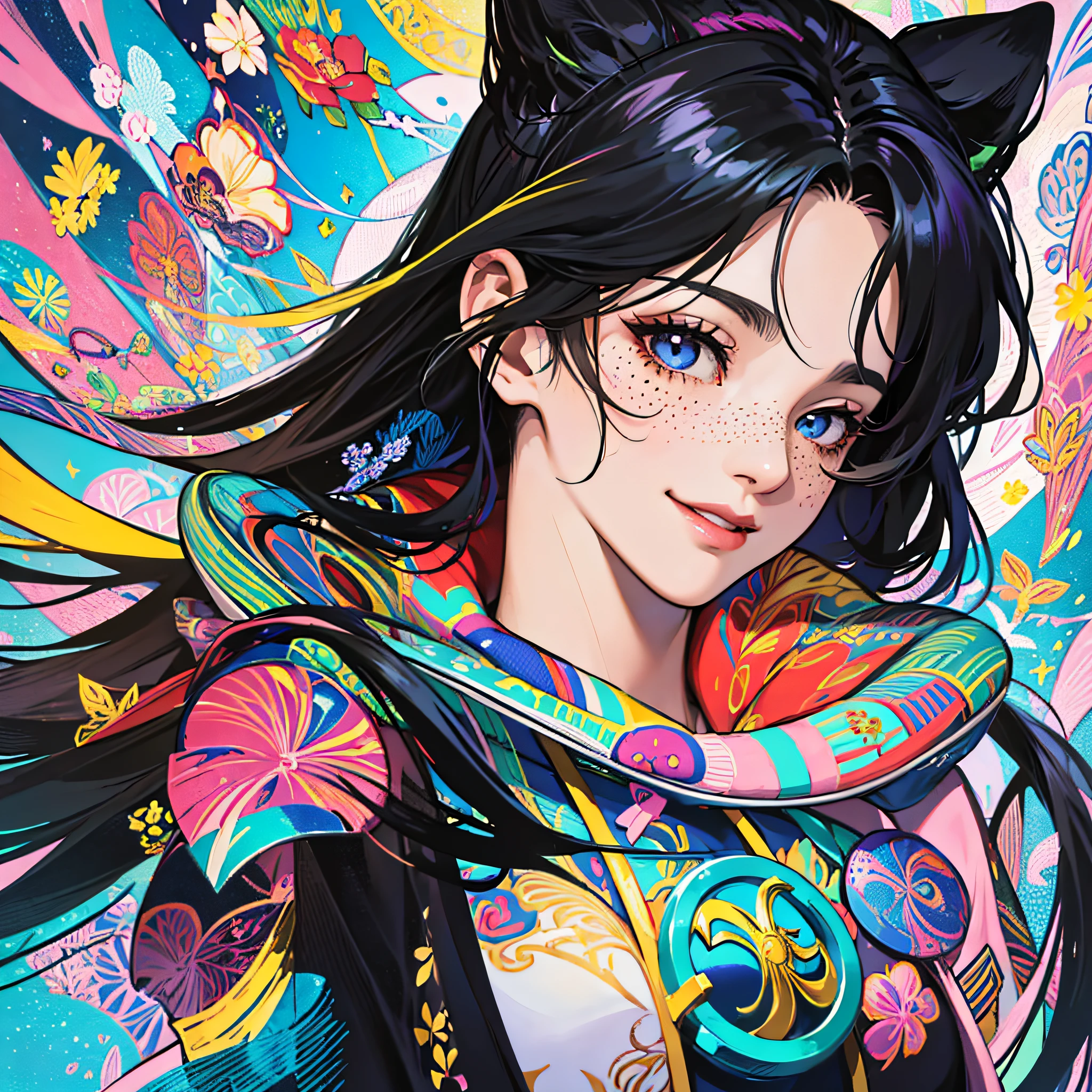 Masterpiece, best quality, {best quality}, {{masterpiece}}, {highres}, focus, anime style, a closeup of a cartoon of a woman, girl design, portrait, giesha, anime image, long hair, black hair, heterochrome eyes, hair covering ears, happy, polished and powerful look, exotic, tall, freckles, smiling --auto --s2