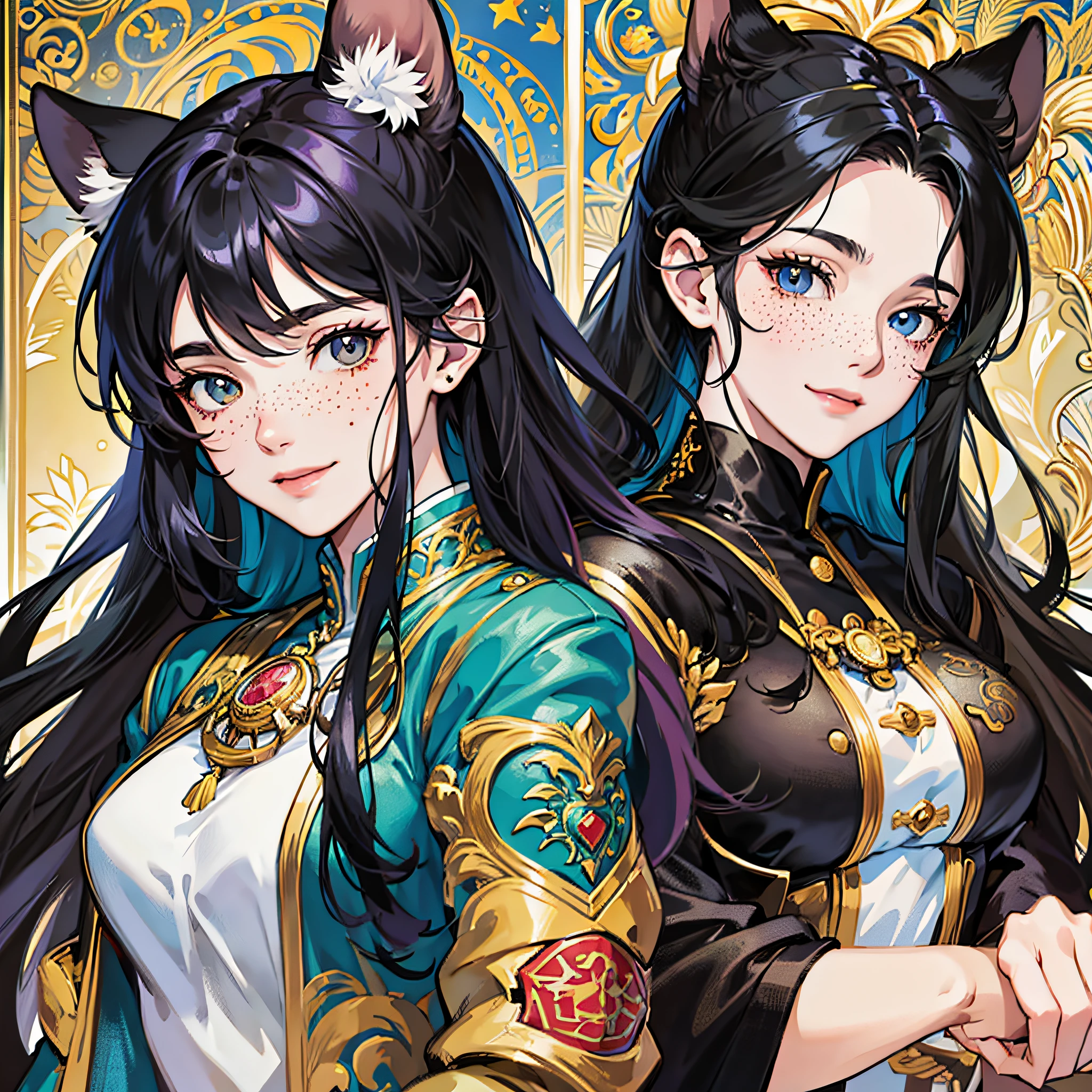 Masterpiece, best quality, {best quality}, {{masterpiece}}, {highres}, focus, anime style, a closeup of a cartoon of a woman, girl design, portrait, giesha, anime image, long hair, black hair, heterochrome eyes, hair covering ears, happy, polished and powerful look, exotic, tall, freckles, smiling --auto --s2